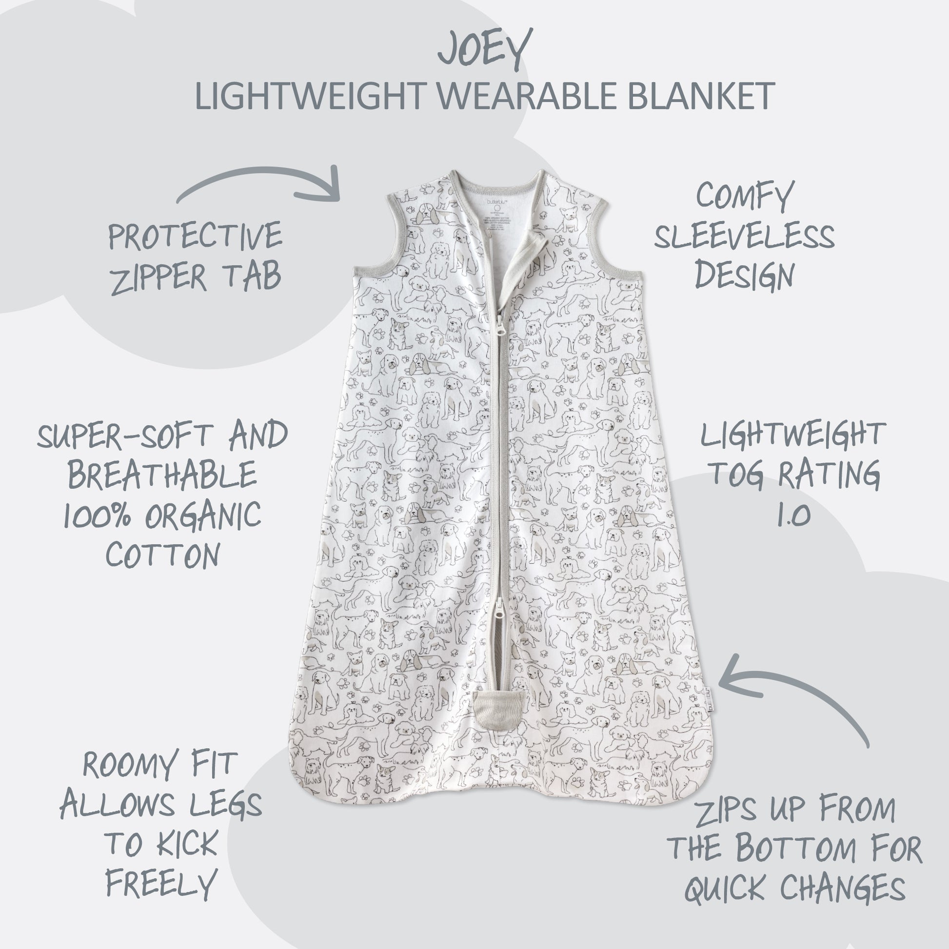Lightweight wearable blanket with text highlighting features on a white background