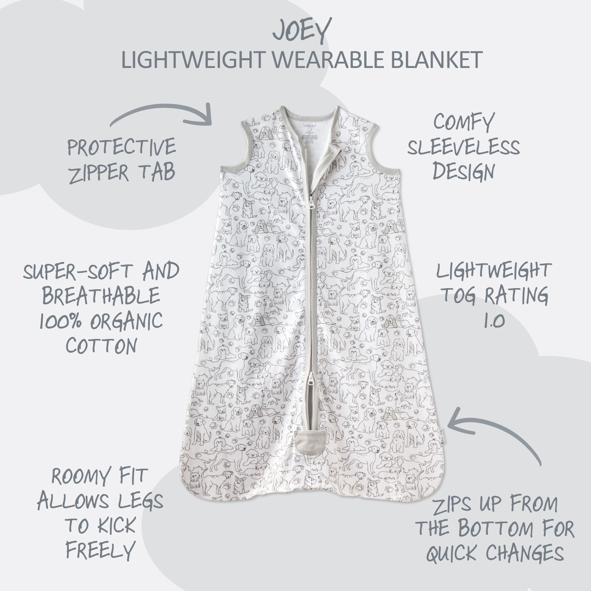 Lightweight wearable blanket with text highlighting features on a white background