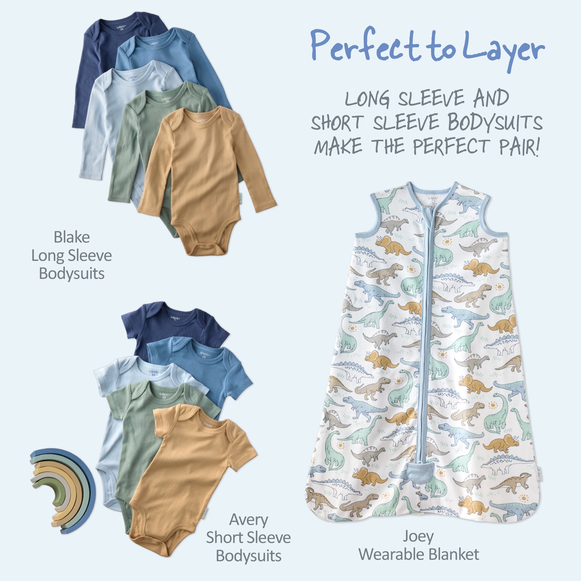 Collection of baby bodysuits and a wearable blanket with dinosaur pattern on a light blue background.