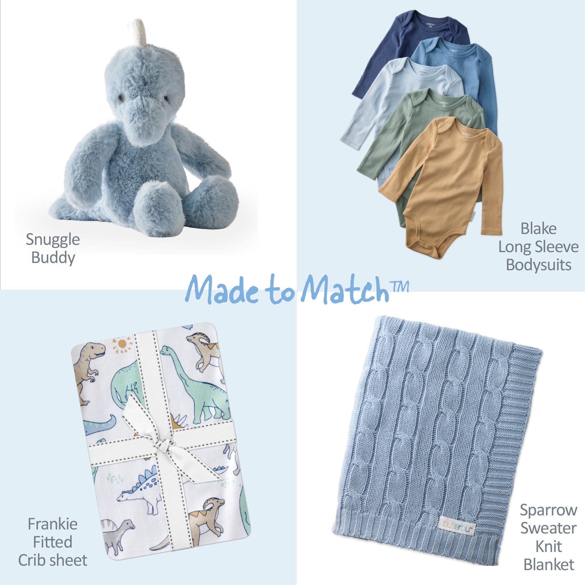 Collection of baby products including a snuggle buddy, long sleeve bodysuits, crib sheet, and sweater knit blanket with 'Made to Match' text on a light blue background.