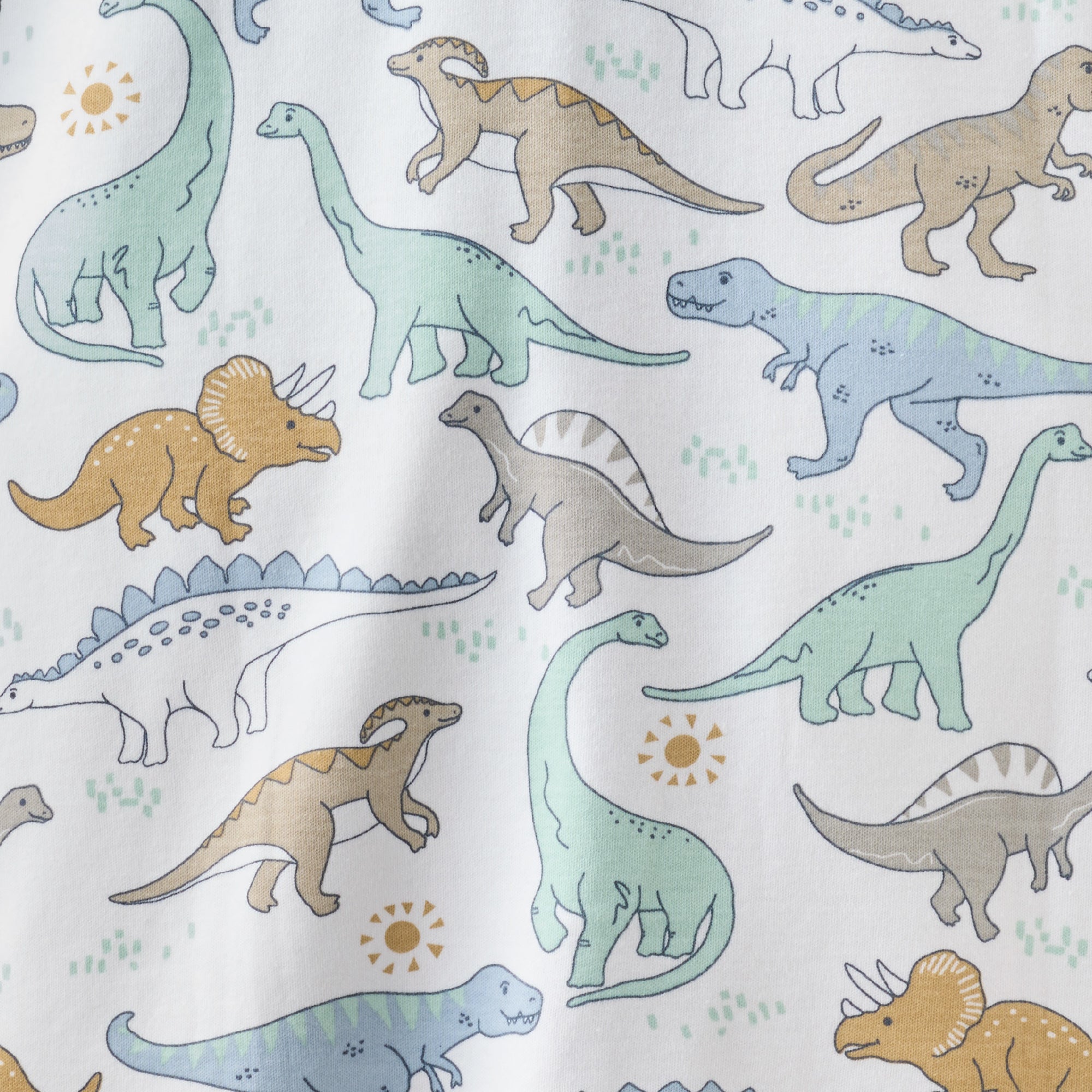 Pattern of colorful dinosaurs on a white background