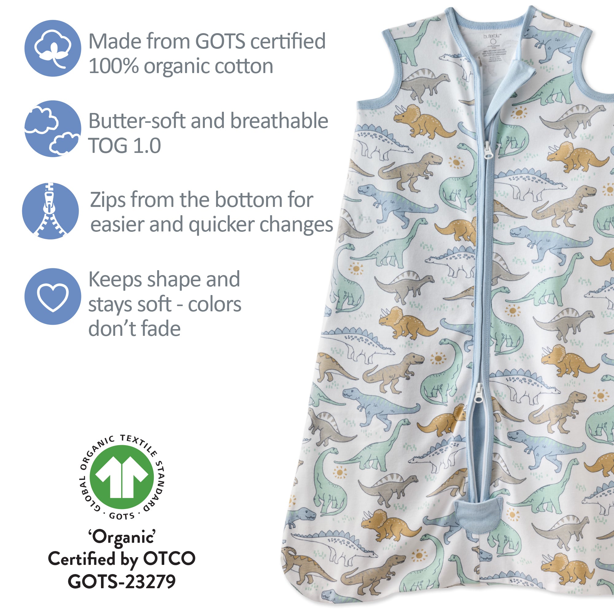Baby sleeping bag with dinosaur pattern and certification details on a white background