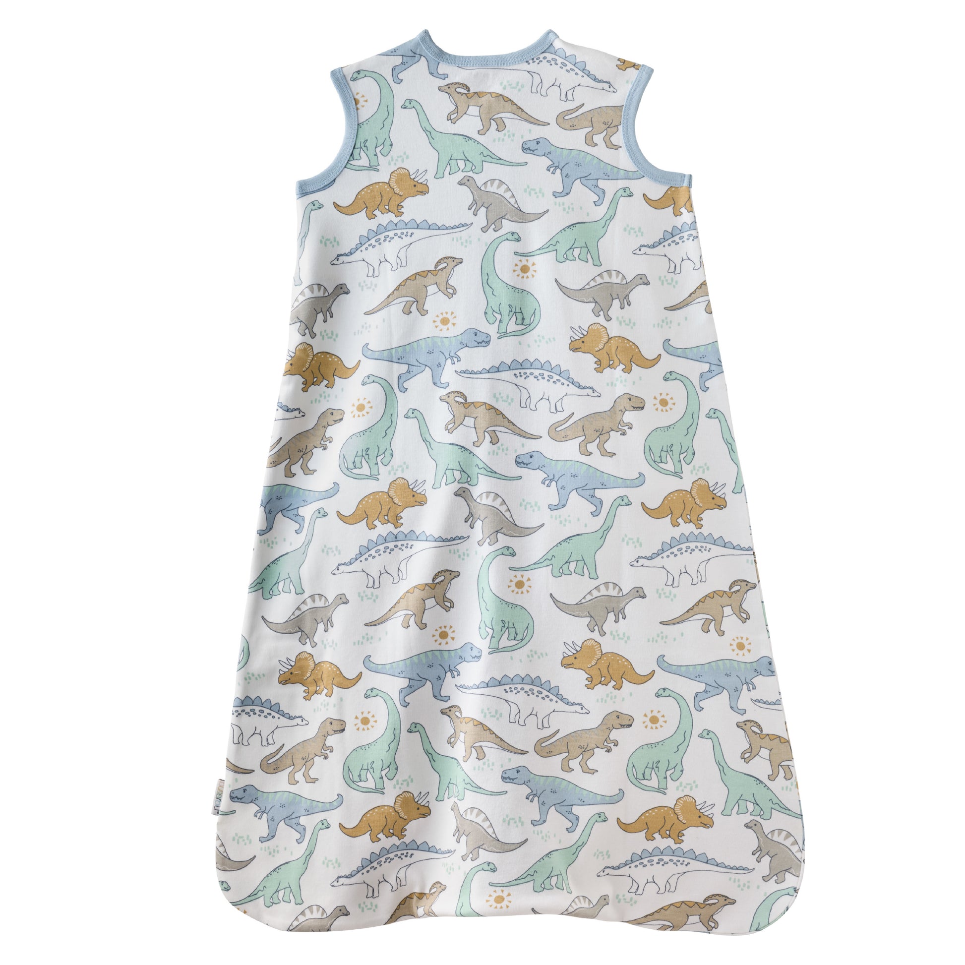 Baby sleeping bag with dinosaur pattern on a white background