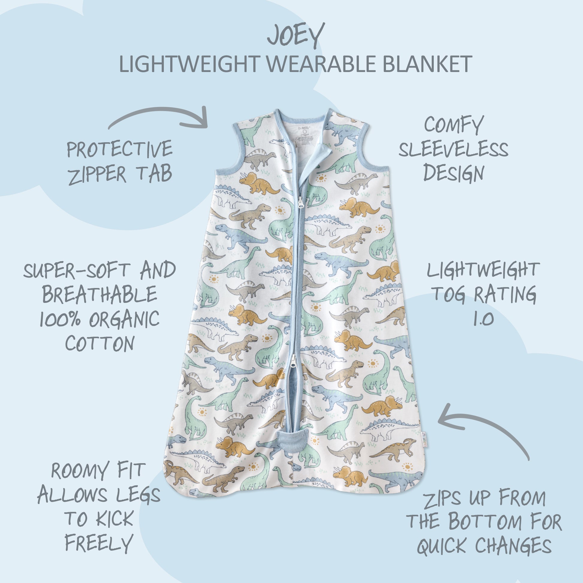 Joey Lightweight Wearable Blanket with dinosaur pattern on a light blue background