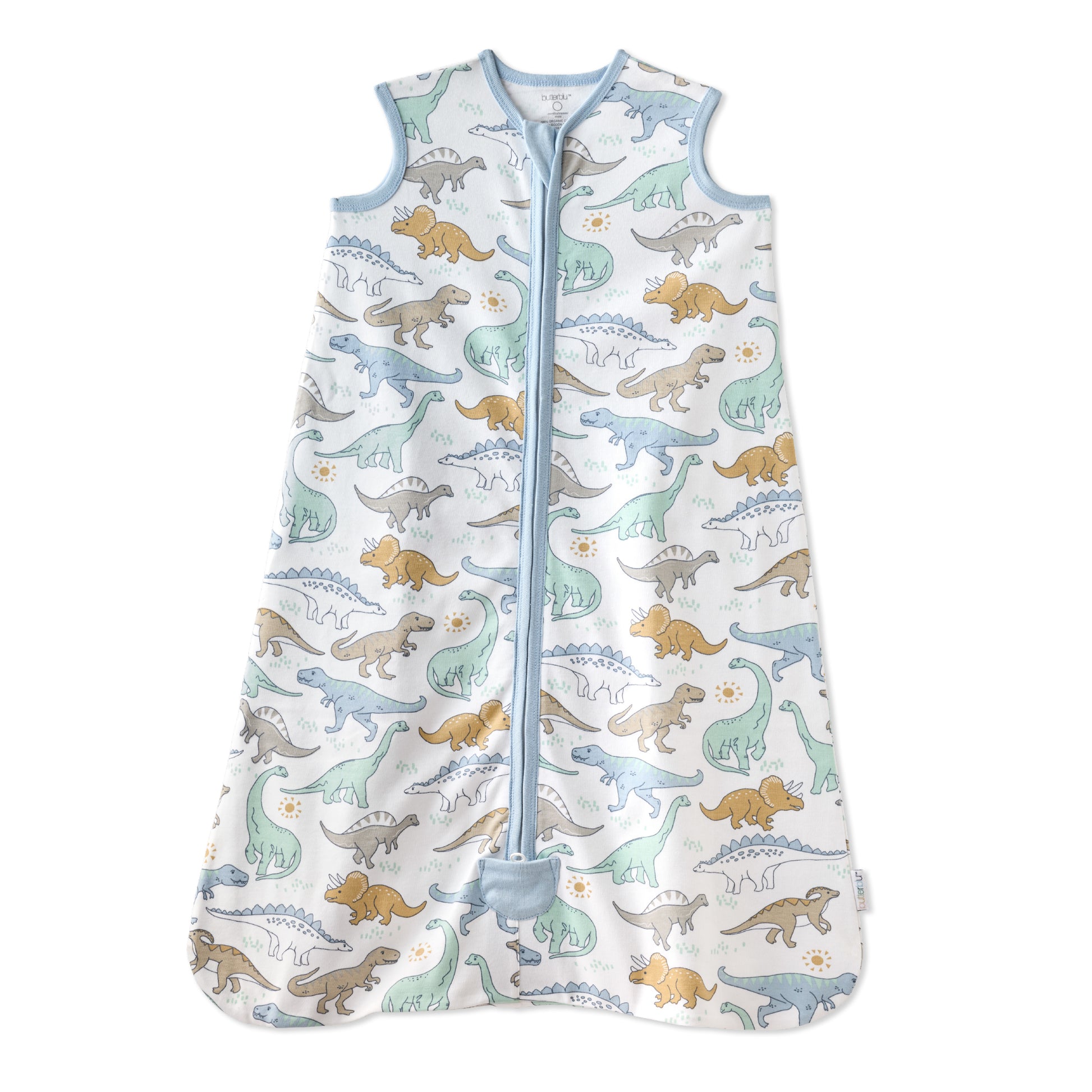 Baby sleeping bag with dinosaur pattern on a white background