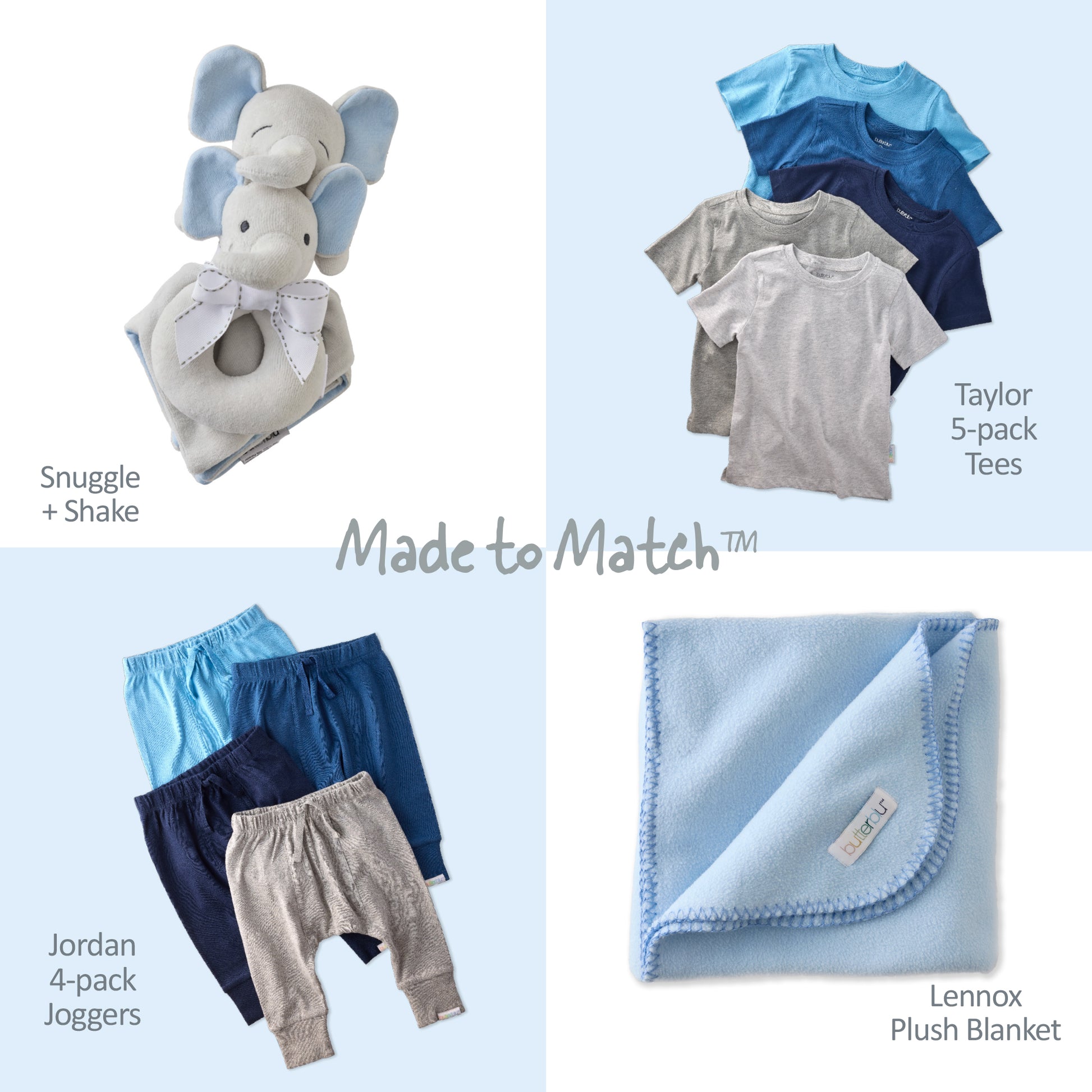 Baby clothing and toy set with 'Made to Match' text on a light blue background