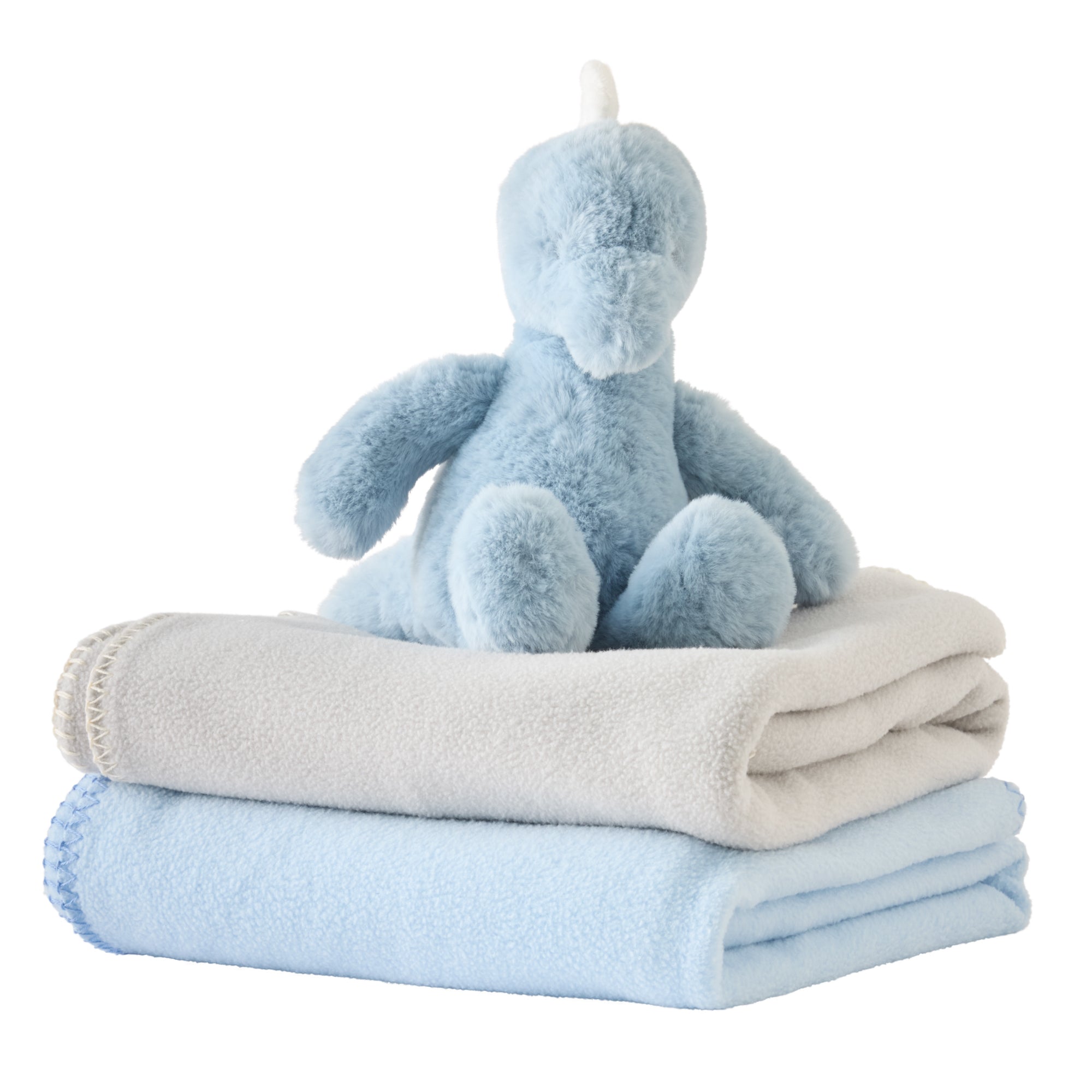 Blue plush toy and folded baby blankets on a white background