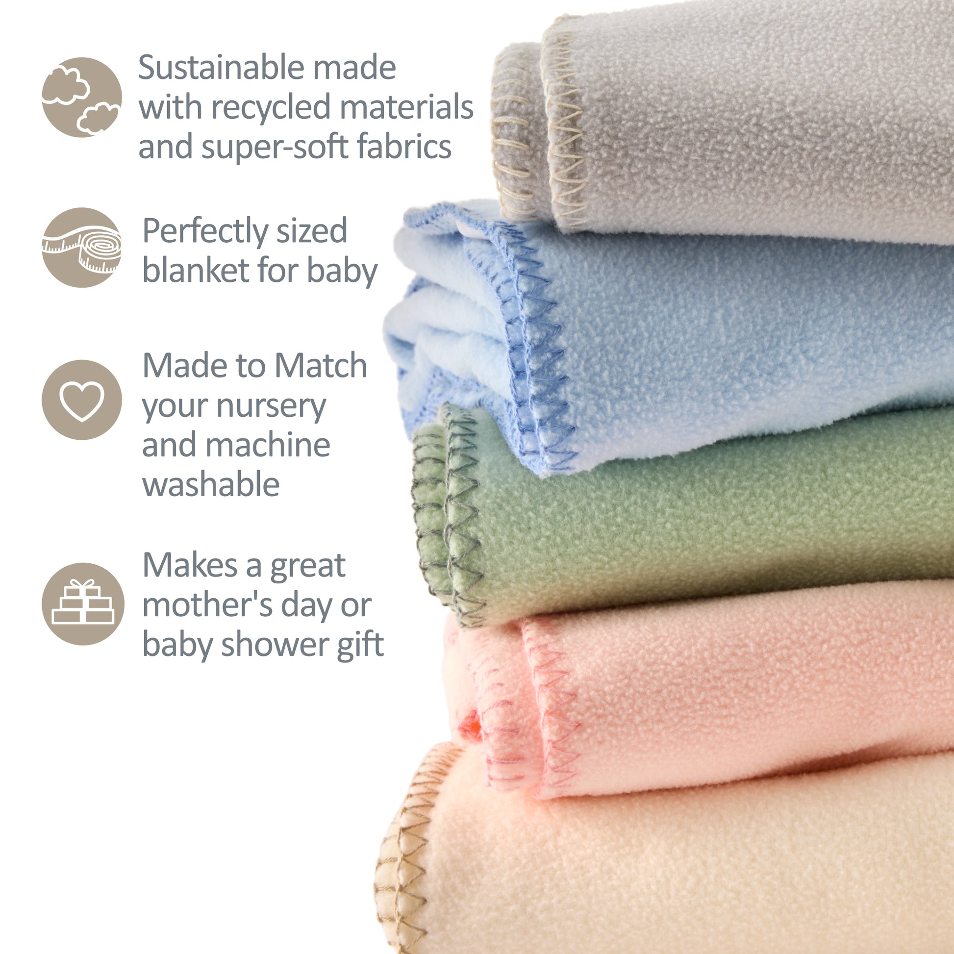 Stack of baby blankets in various colors with sustainability and product features text.