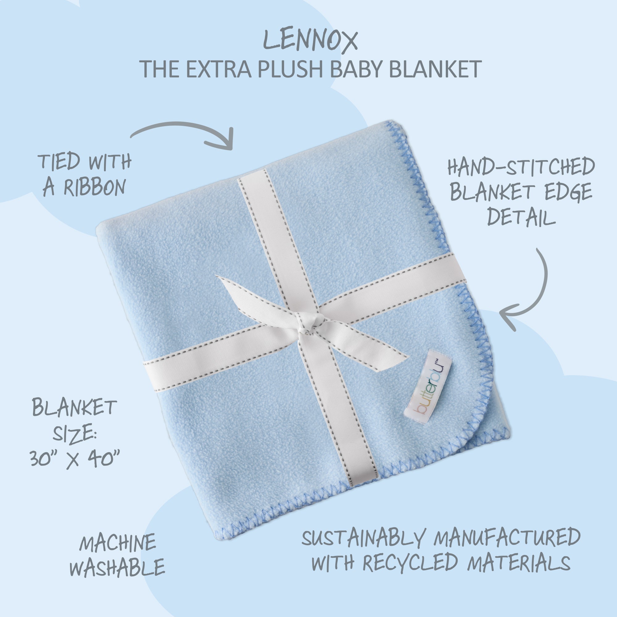 Blue baby blanket with a ribbon and 'Lennox' branding on a light blue background