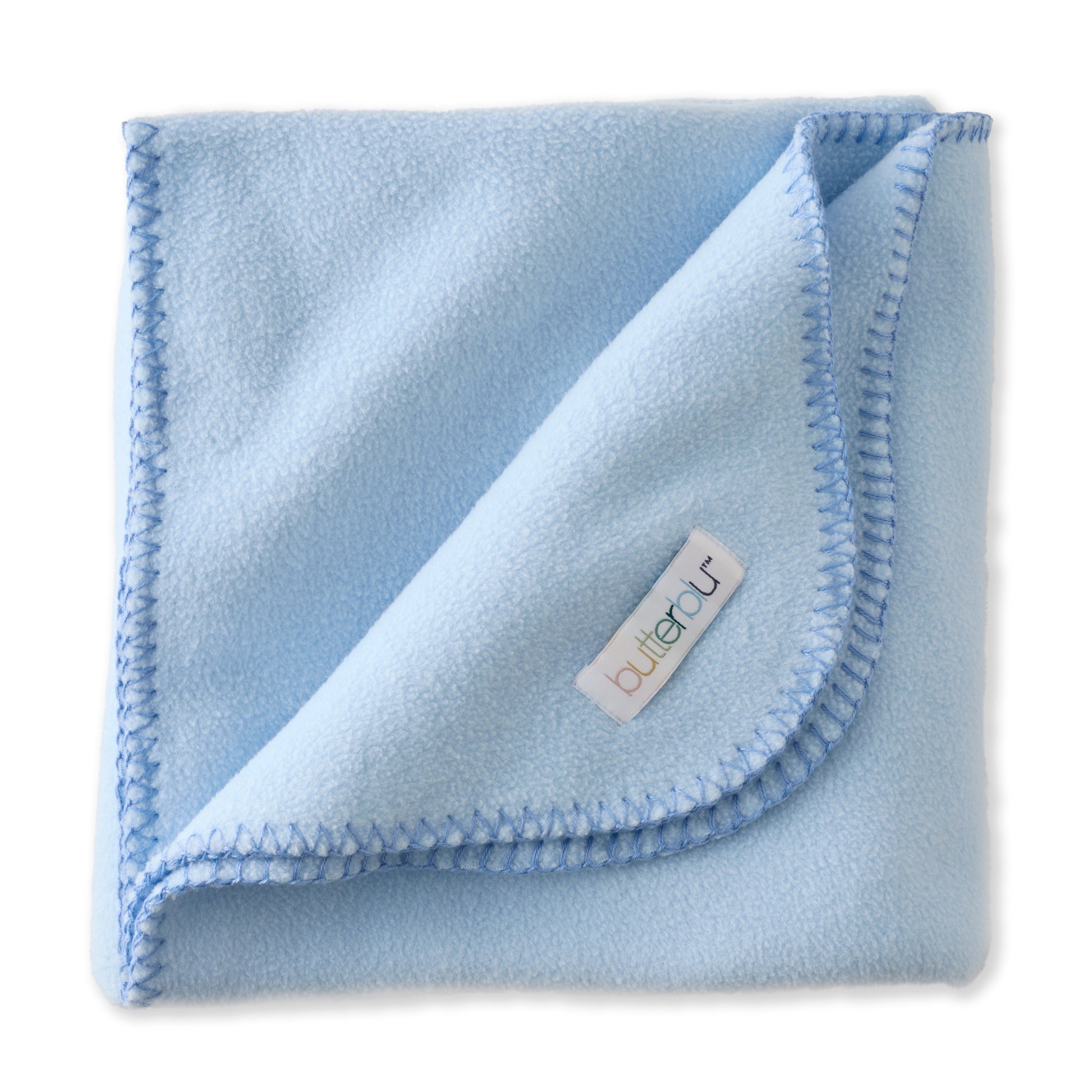 Light blue baby blanket with a brand label on a white background