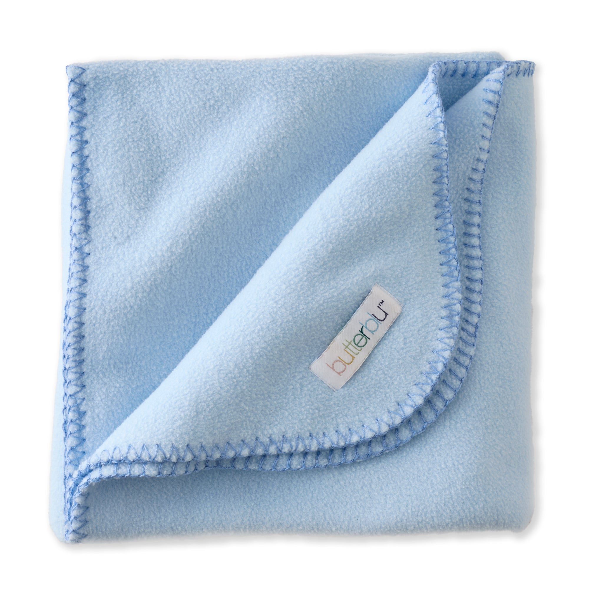 Light blue baby blanket with a brand label on a white background