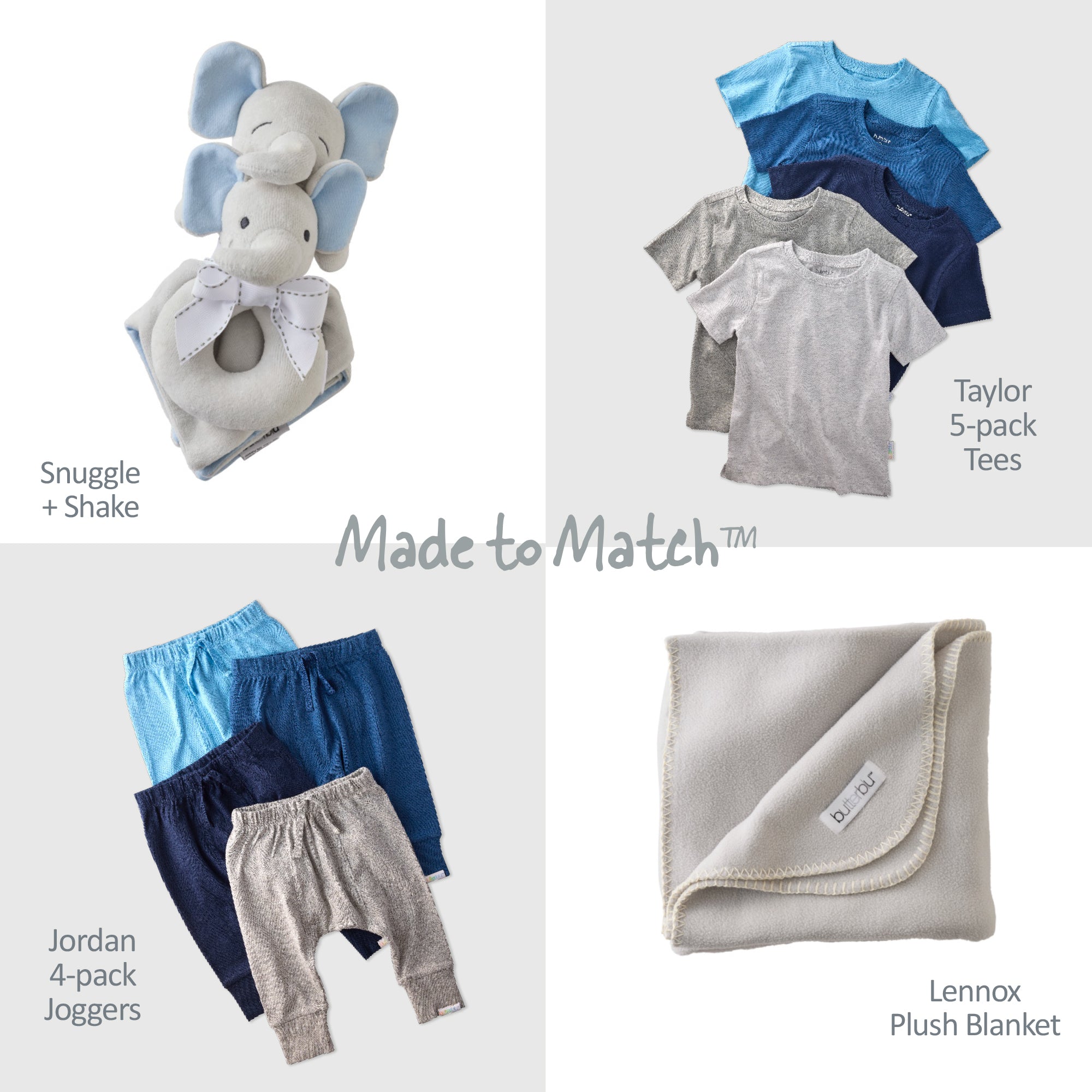Baby clothing and toy set including tees, joggers, a blanket, and a plush elephant toy on a light gray background.