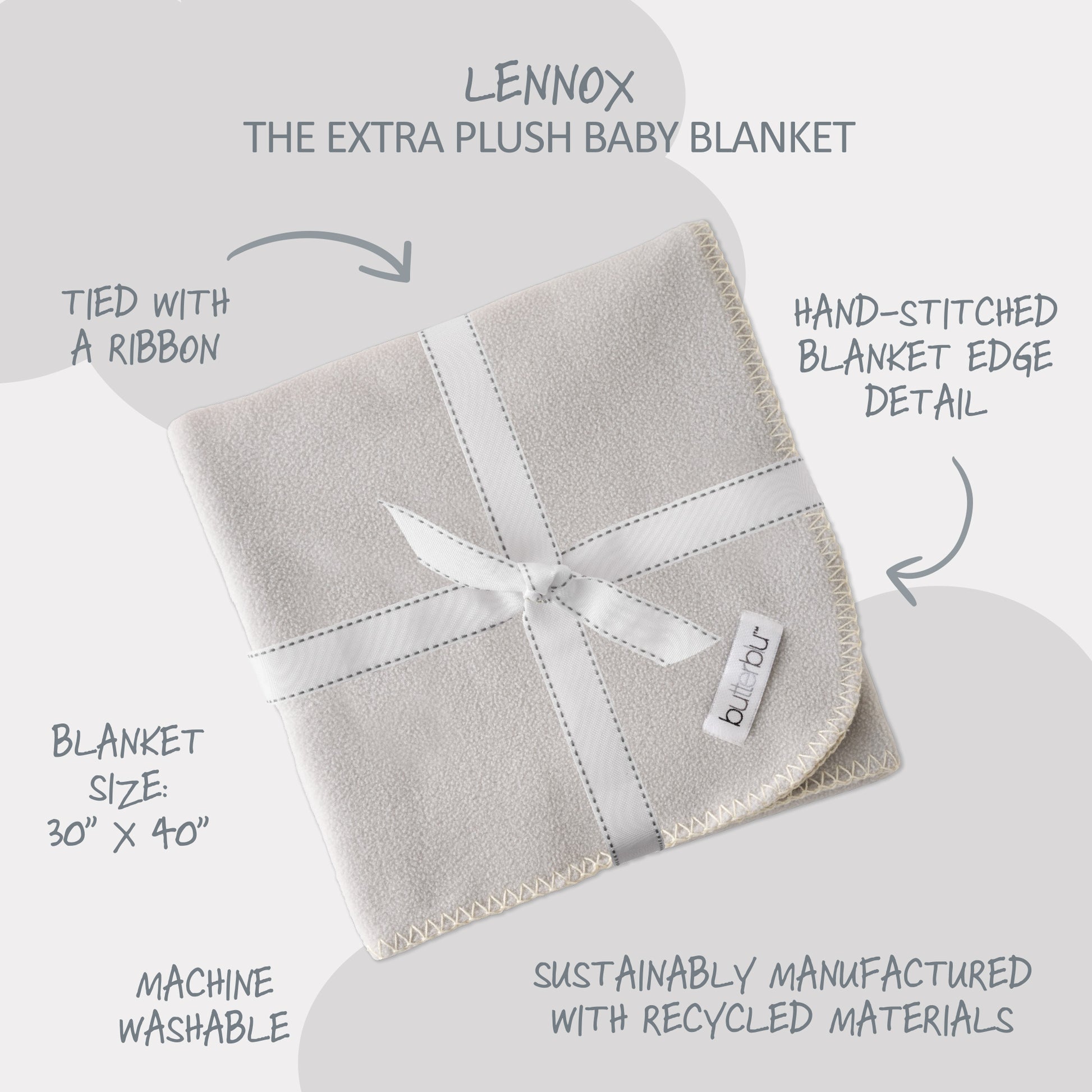 Gray baby blanket with a white ribbon, labeled 'Lennox Extra Plush Baby Blanket', on a light gray background.