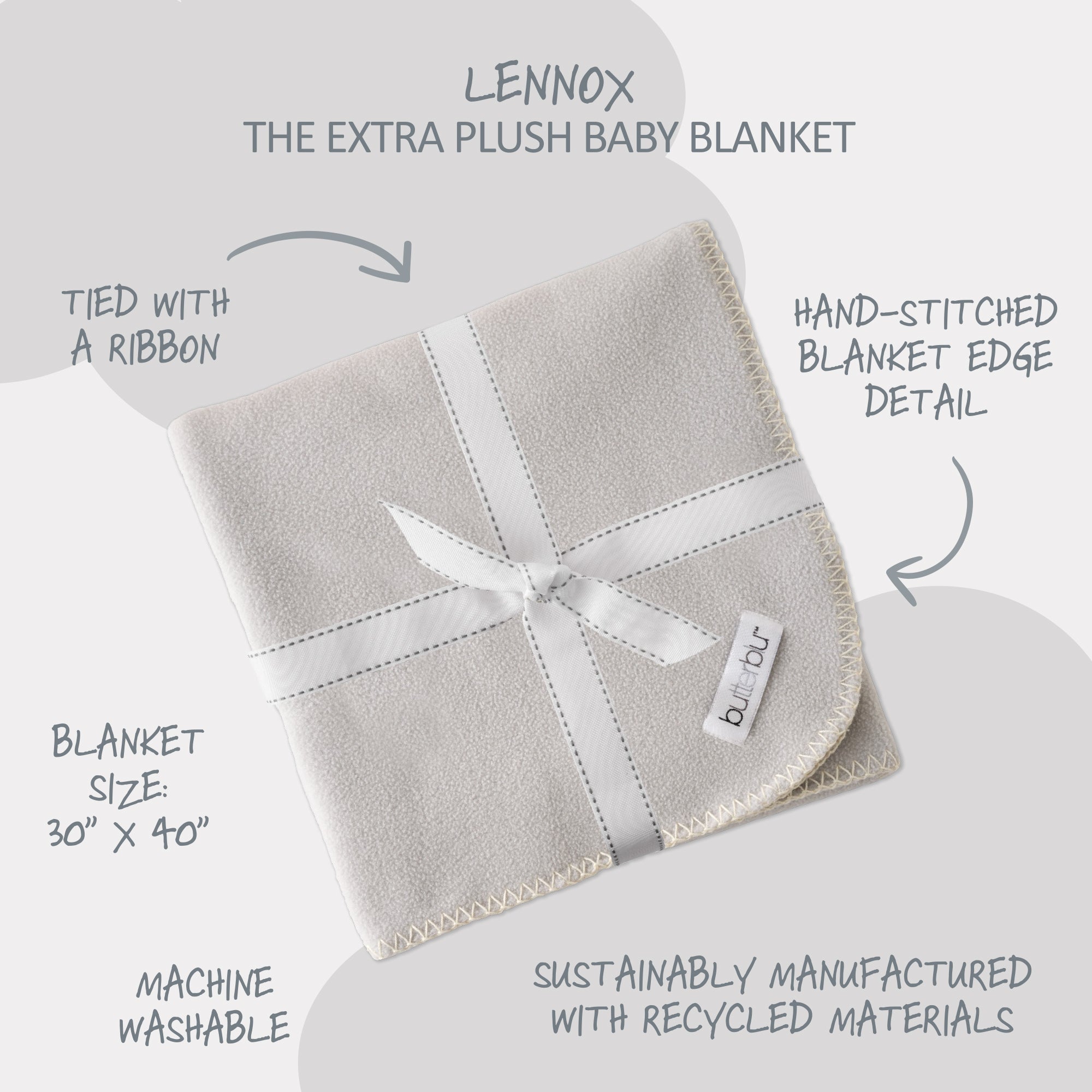 Gray baby blanket with a white ribbon, labeled 'Lennox Extra Plush Baby Blanket', on a light gray background.