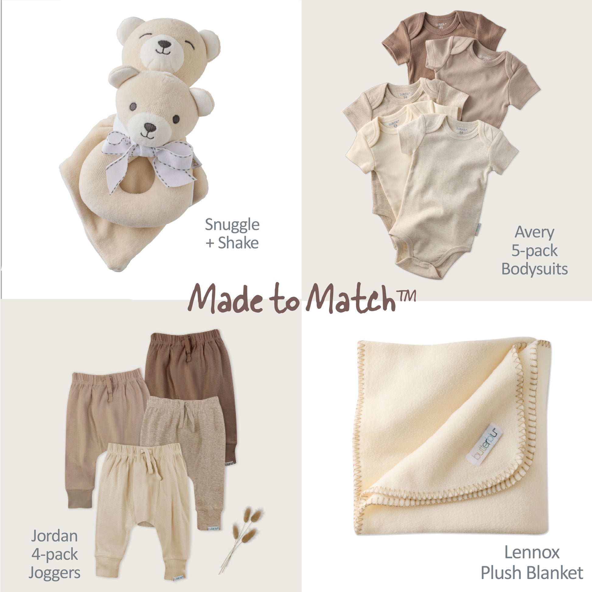 Baby clothing set including teddy bear, bodysuits, joggers, and blanket with 'Made to Match' text.
