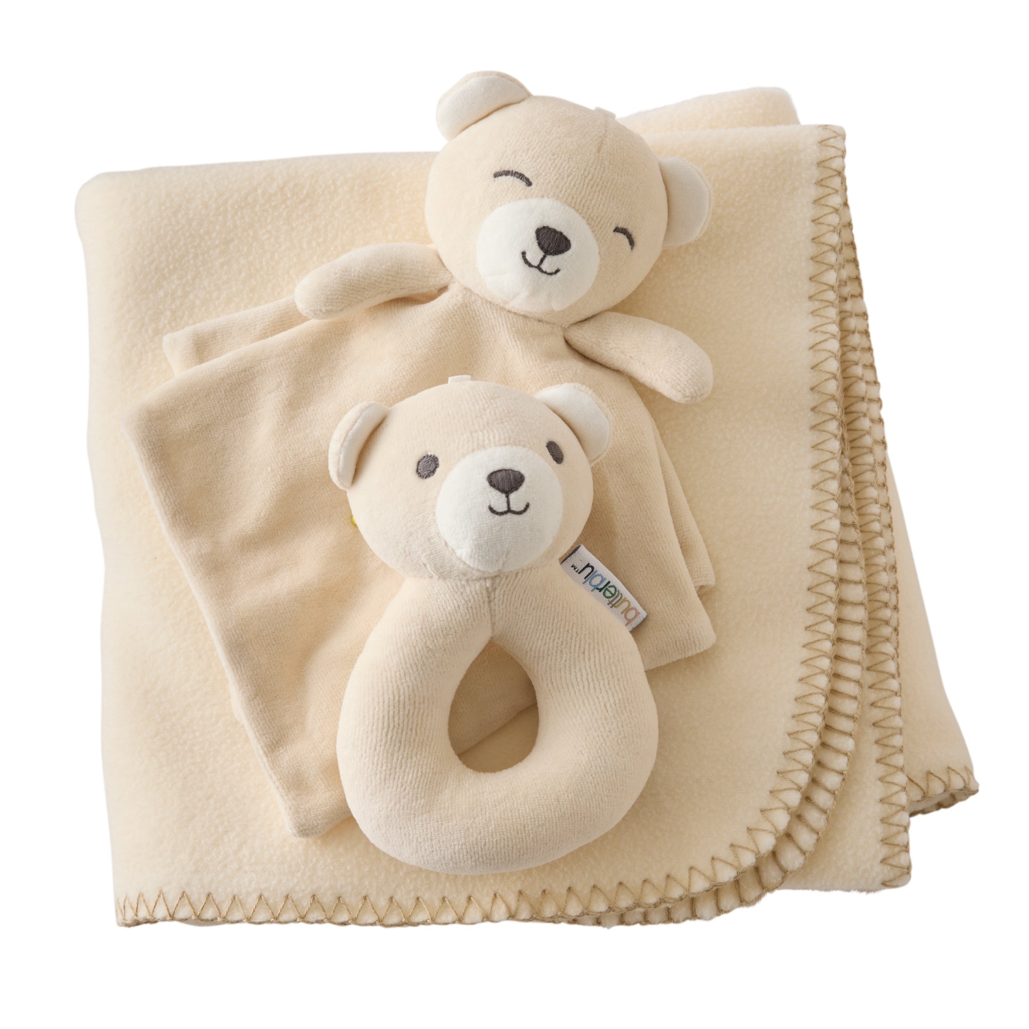 Two teddy bear toys with a blanket on a white background