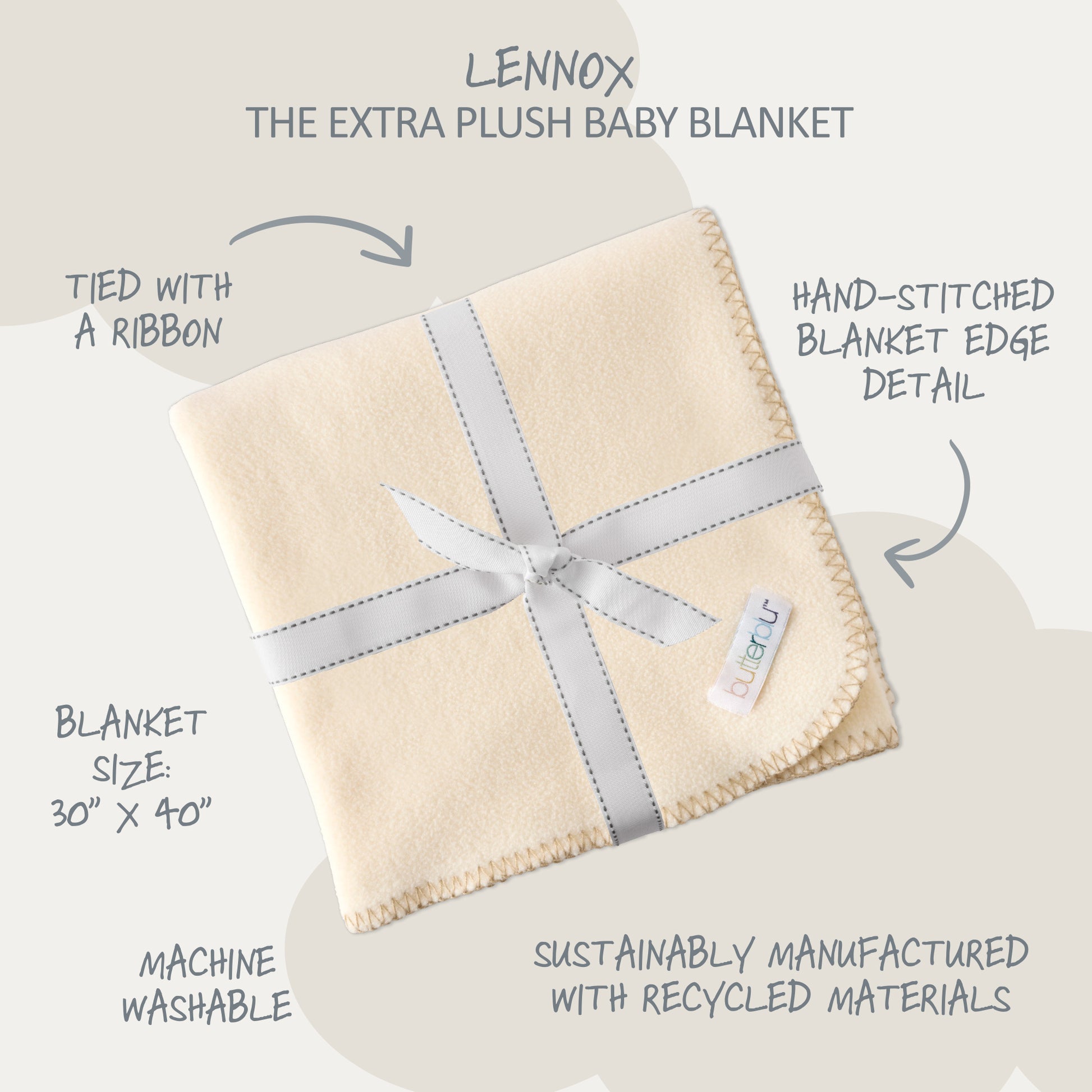 Beige baby blanket with a ribbon, labeled 'Lennox Extra Plush Baby Blanket', on a light gray background.