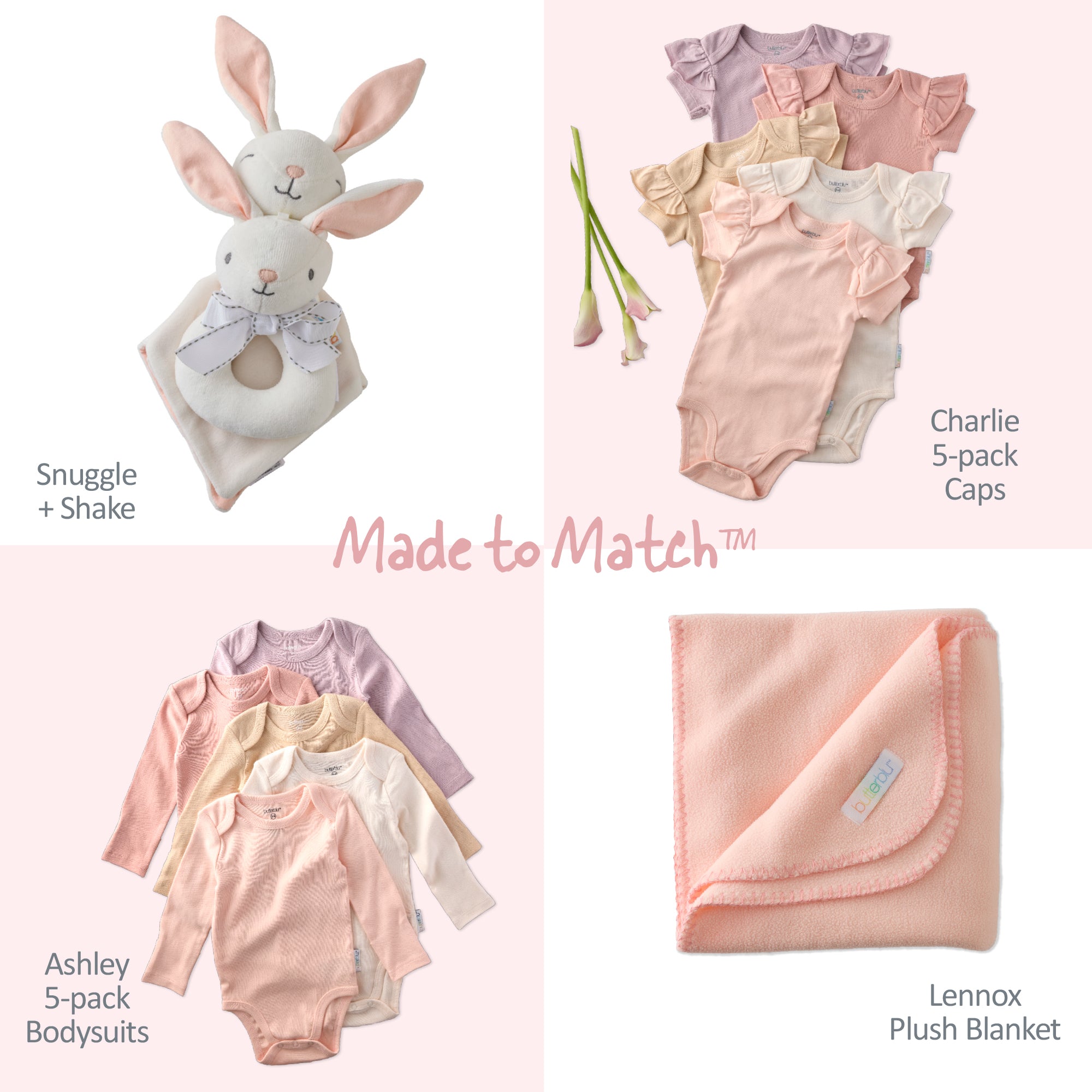 Baby clothing and toy set with 'Made to Match' text on a pink background