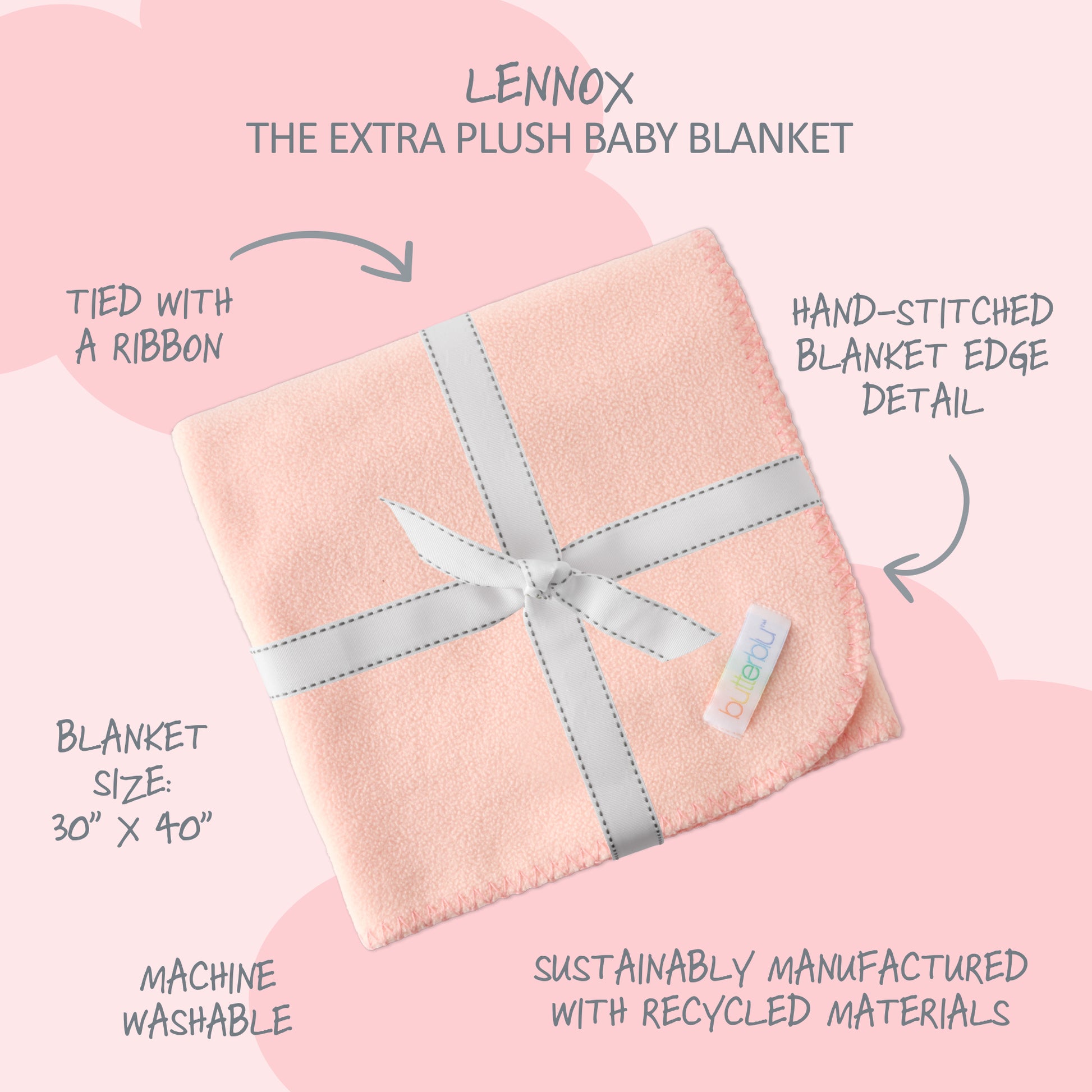 Pink baby blanket with a ribbon on a pink background, featuring text about the product.