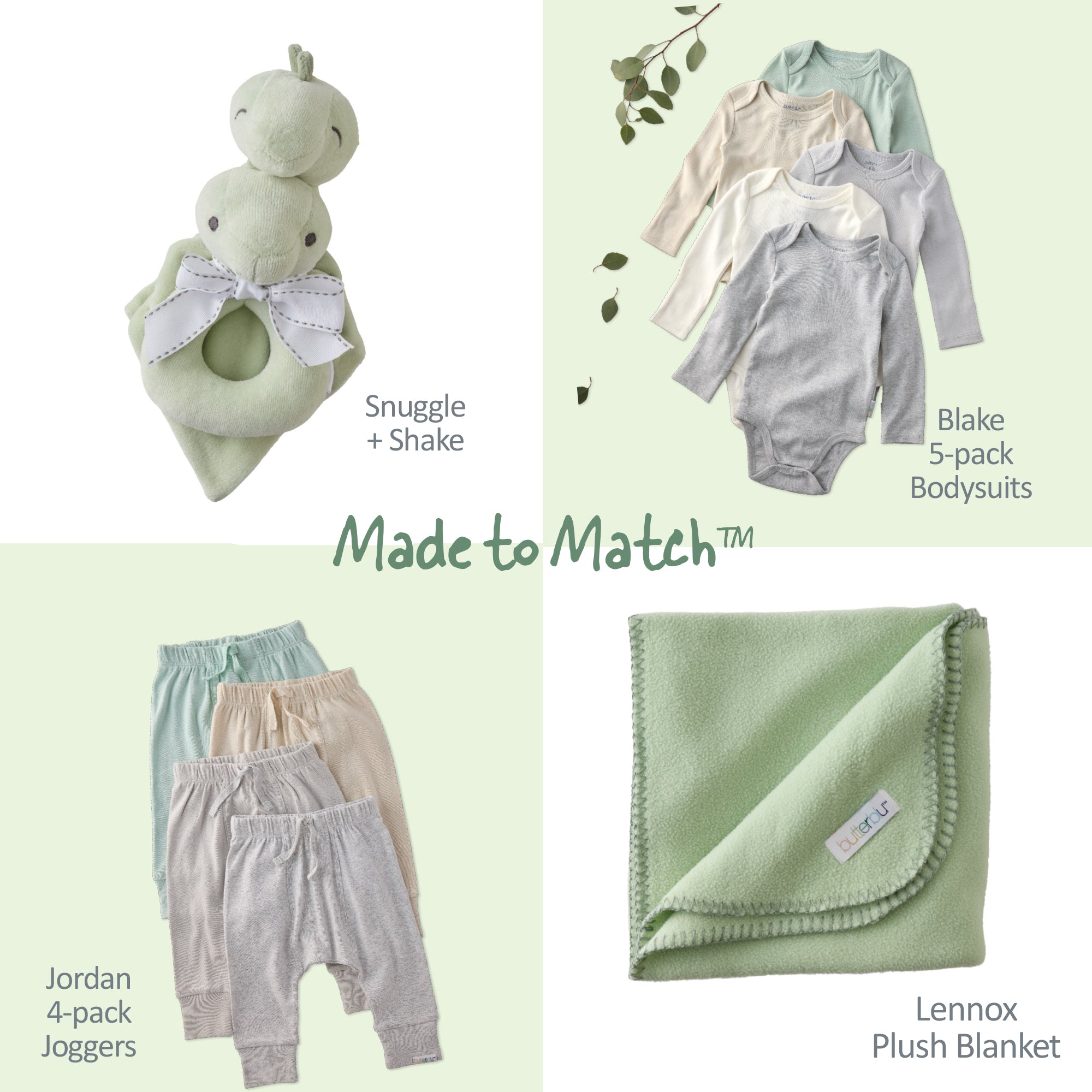 Baby product set including a green plush toy, baby clothes, and a blanket on a light green background.