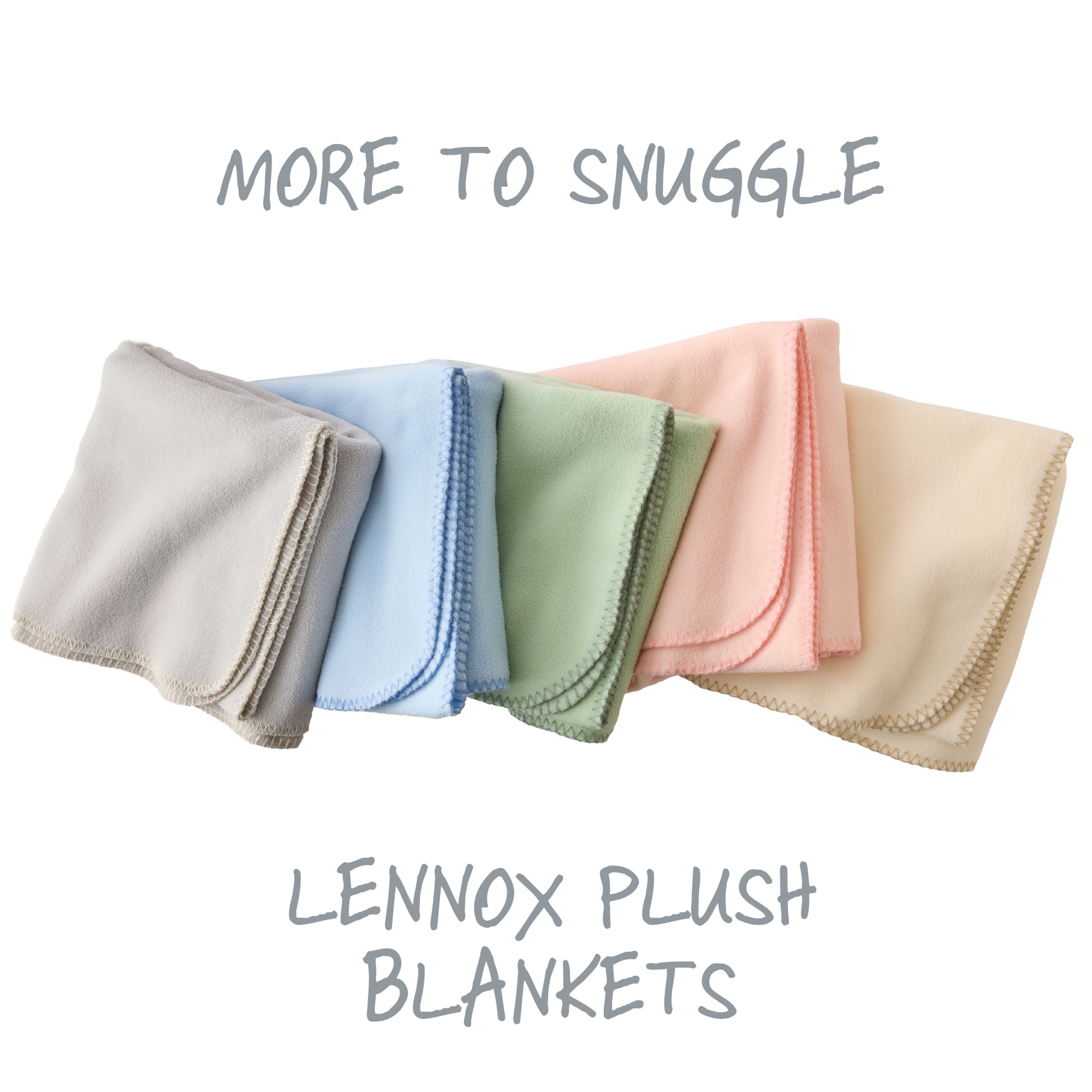 Set of fiveLennox plush blankets in various colors on a white background with text 'More to Snuggle' and 'Lennox Plush Blankets'.