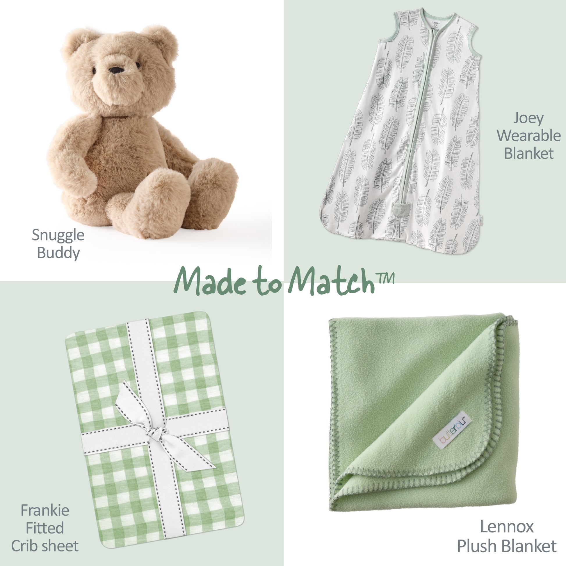 Collection of baby products including a teddy bear, wearable blanket, crib sheet, and plush blanket on a light green background.