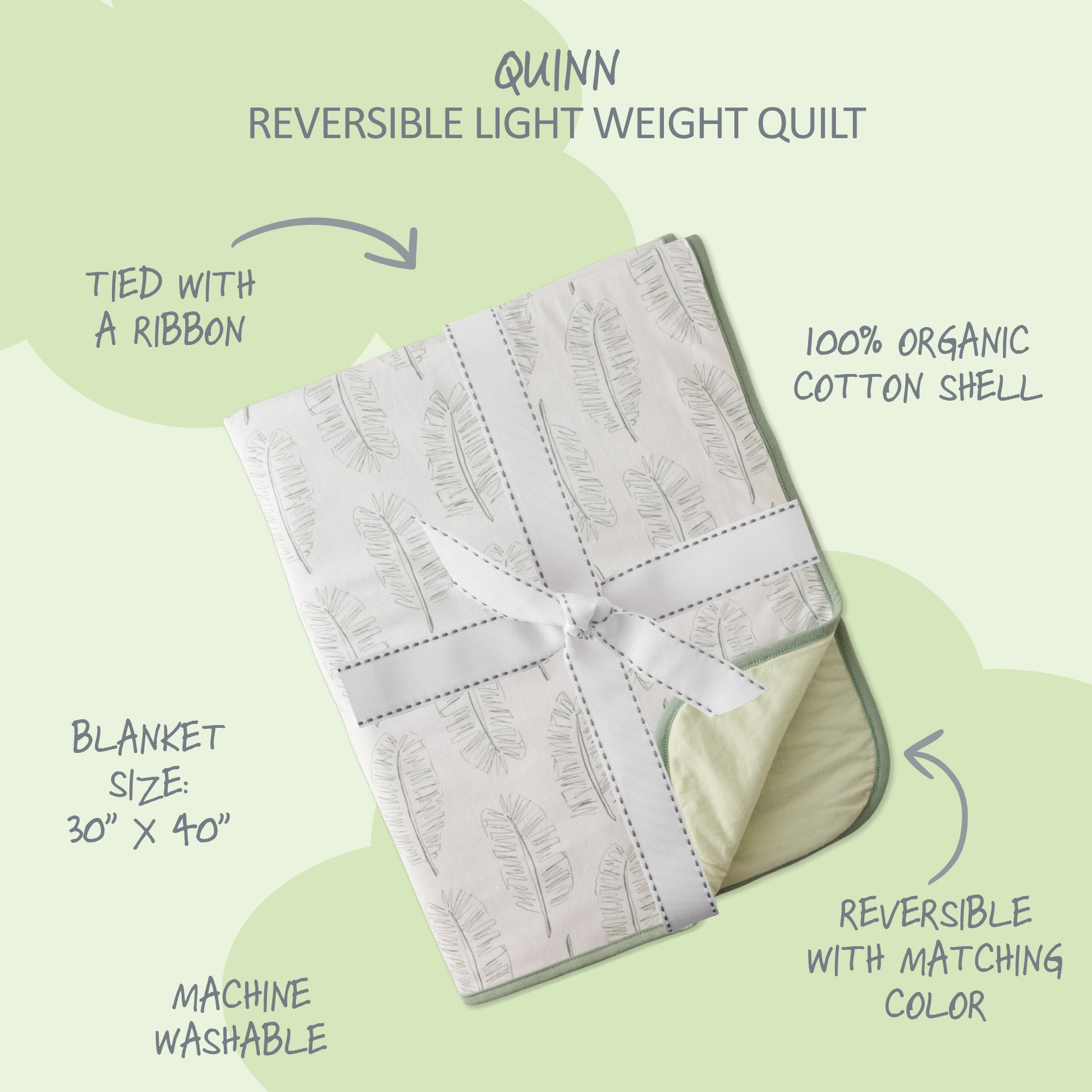 Reversible lightweight quilt with text detailing features on a light green background