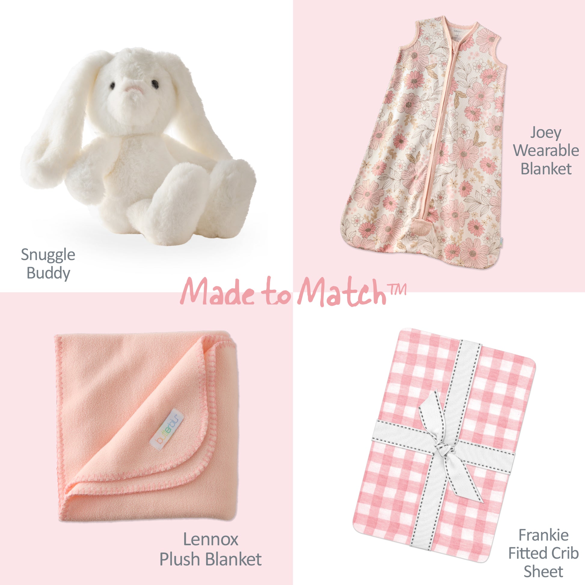 Collection of baby products including a plush bunny, Joey wearable blanket, Lennox plush blanket, and Frankie fitted crib sheet on a pink background.