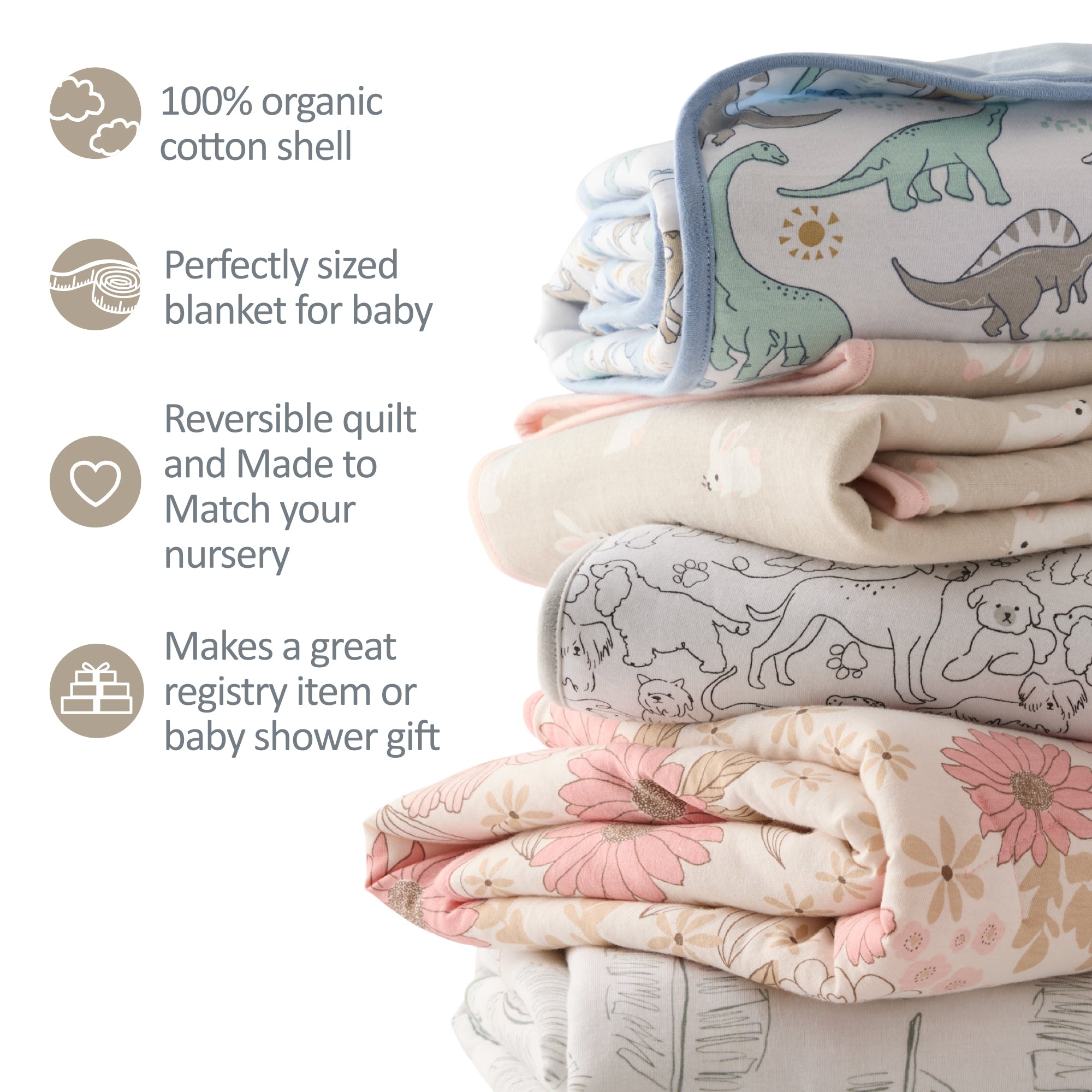 Stack of baby quilts with dinosaur and floral patterns, featuring text about product features.