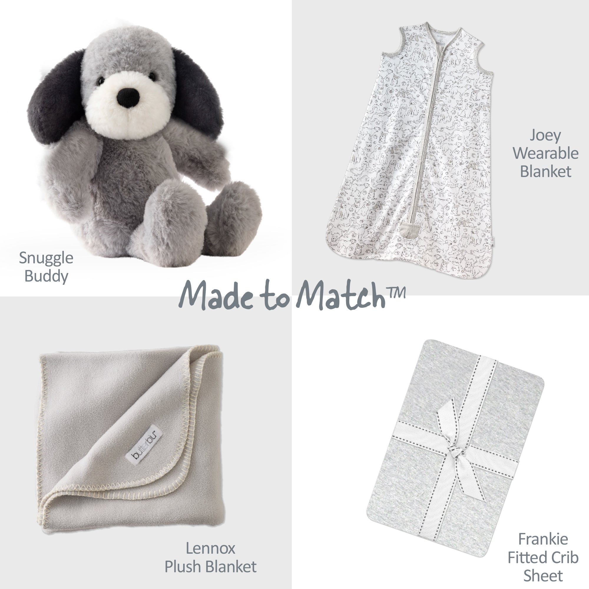 Collection of baby products including a stuffed dog, wearable blanket, plush blanket, and crib sheet with 'Made to Match' text.