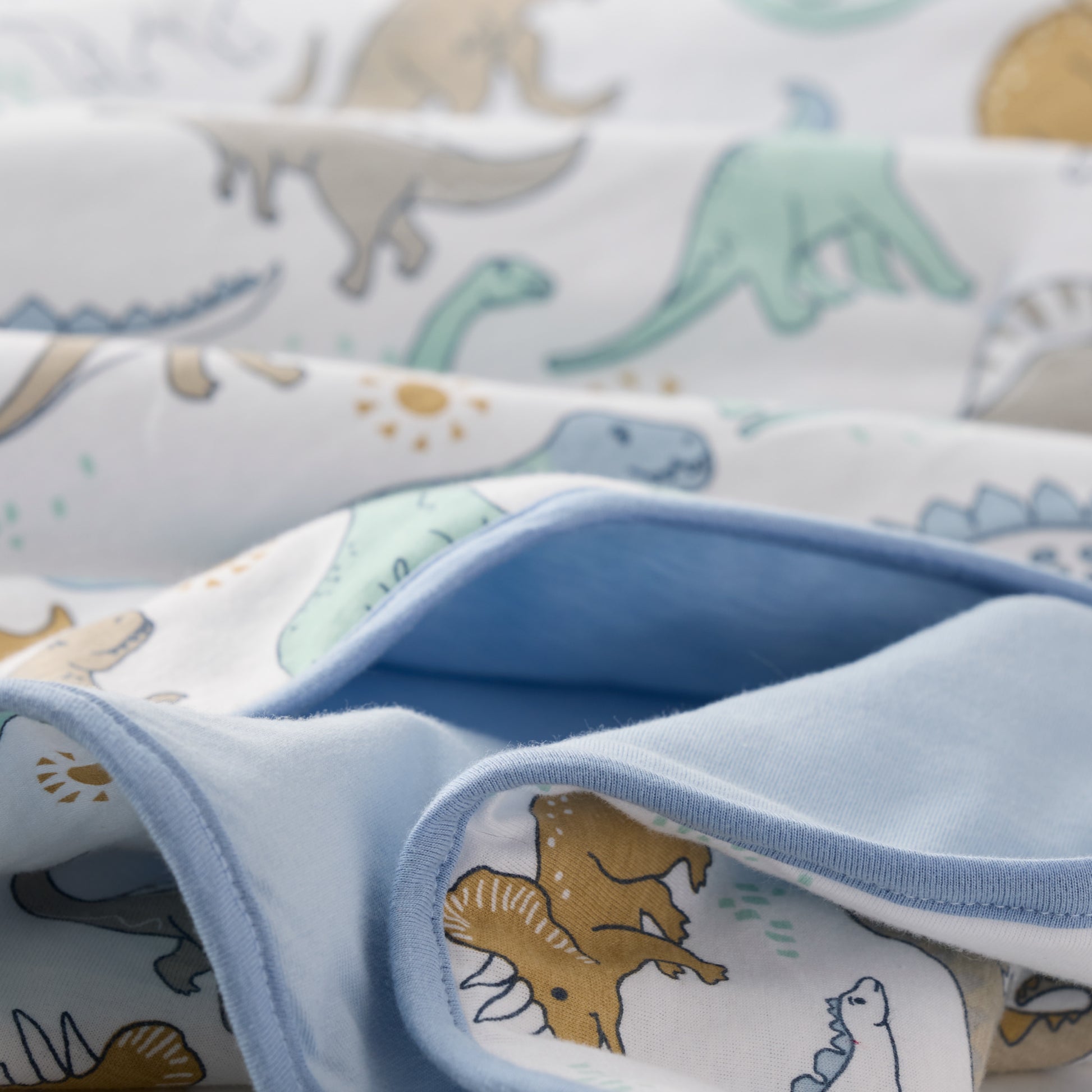 Close-up of a fabric with dinosaur pattern and blue border