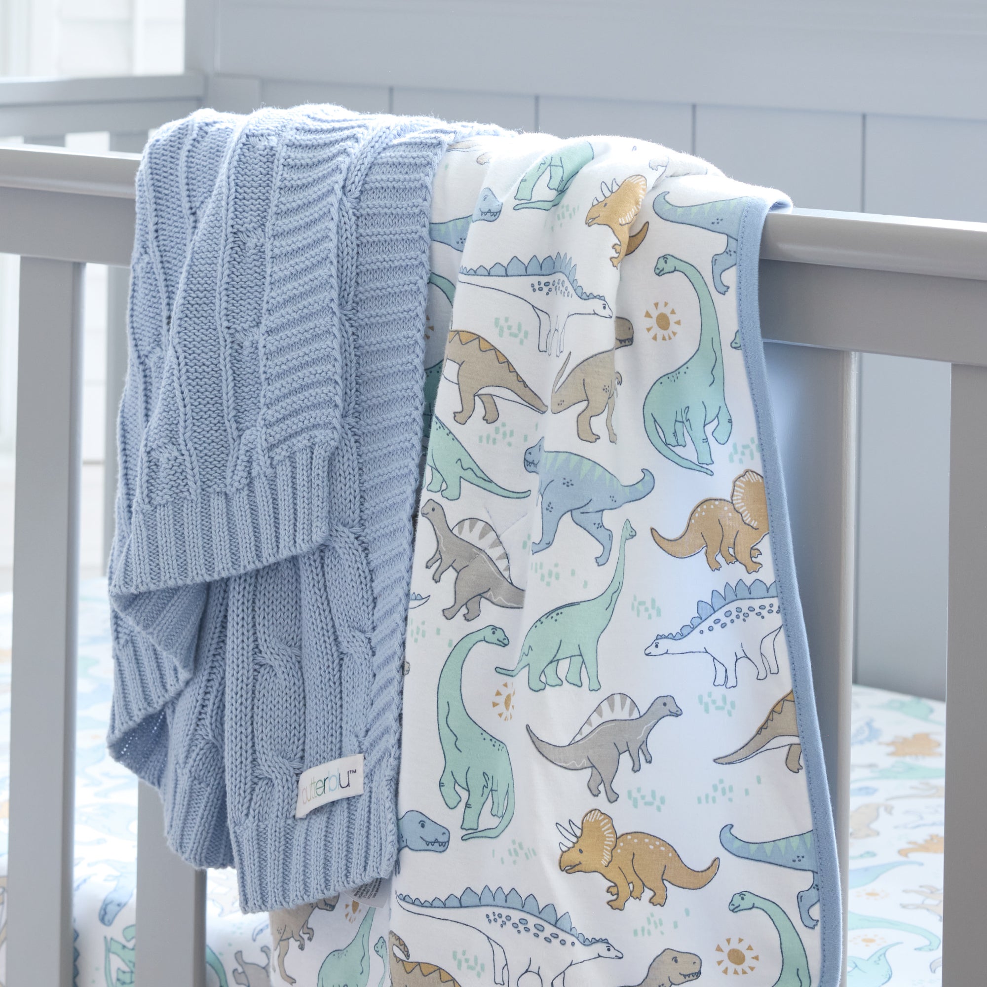 Blue knitted blanket and dinosaur-patterned blanket draped over a crib.