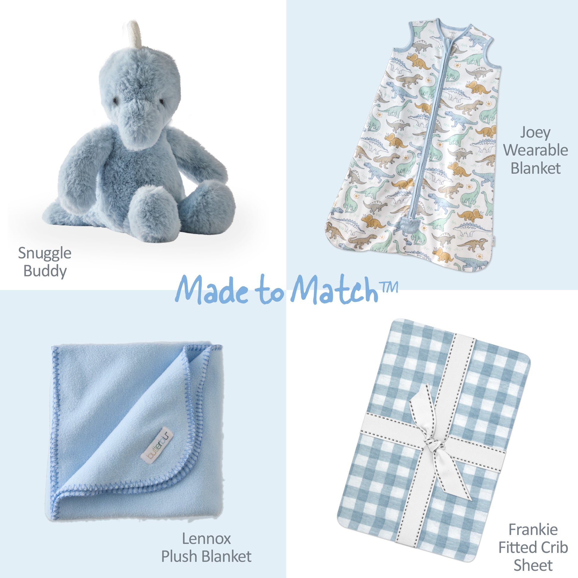Collection of baby products including a stuffed animal, wearable blanket, plush blanket, and crib sheet with 'Made to Match' text on a light blue background.