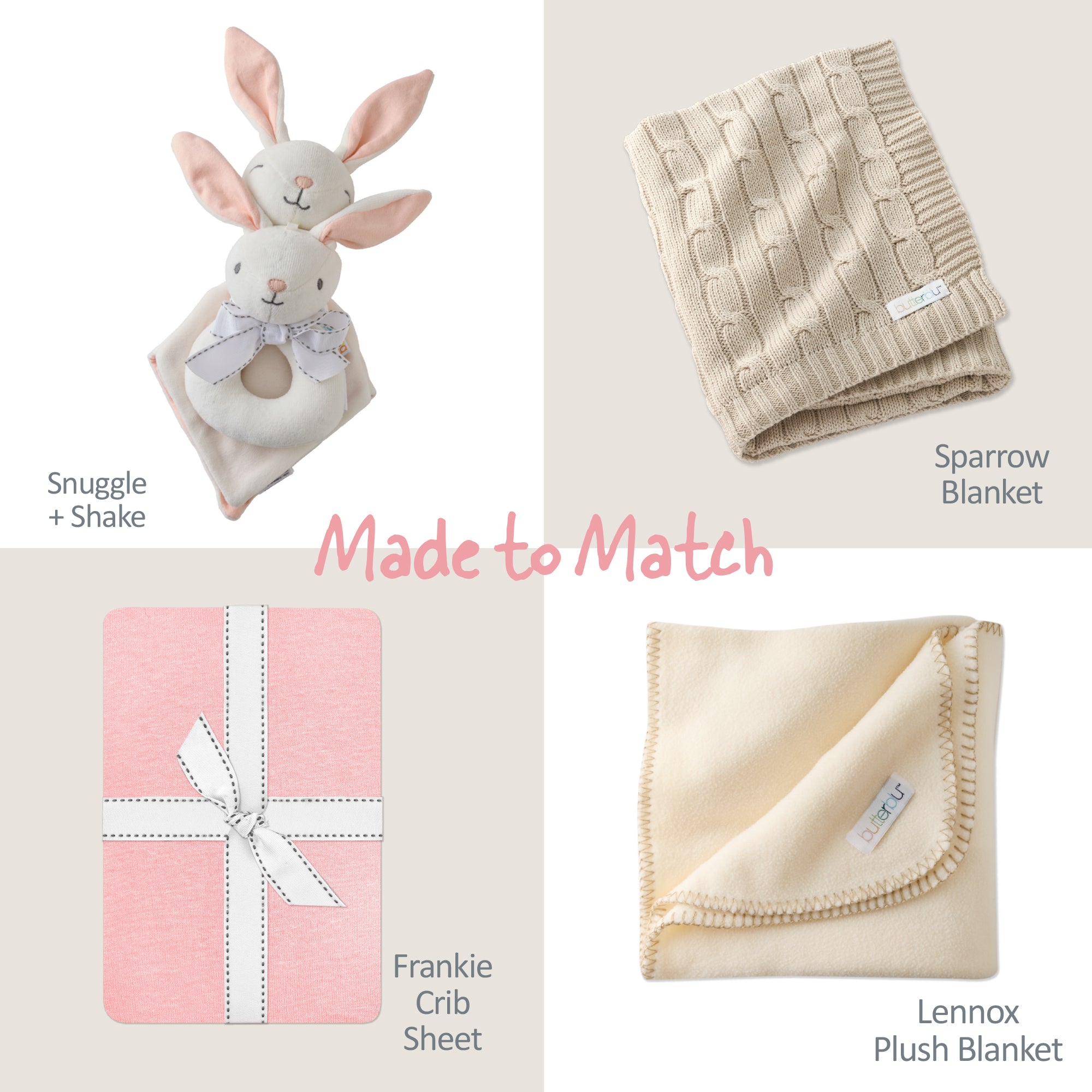 Collection of baby products including a plush rabbit, blankets, and crib sheet with 'Made to Match' text.