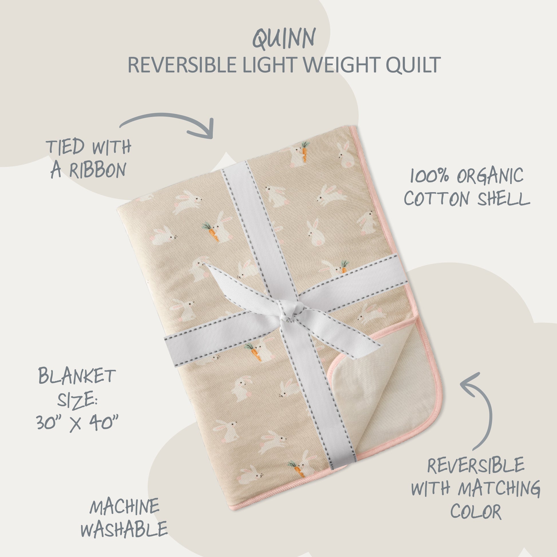 Reversible lightweight quilt with a ribbon on a white background, featuring text about the product.