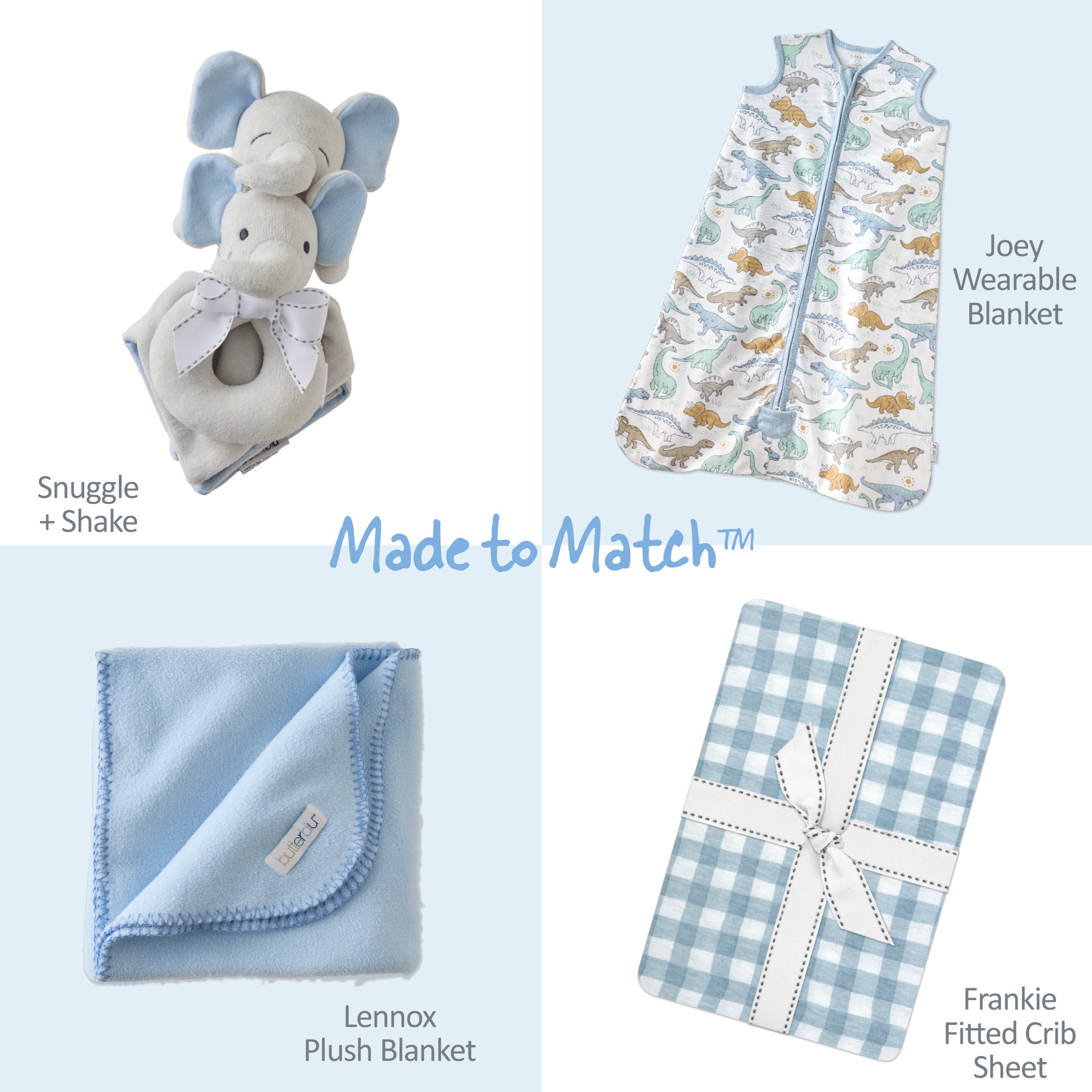 Collection of baby products including a plush elephant, Joey wearable blanket, Lennox plush blanket, and Frankie fitted crib sheet on a light blue background.