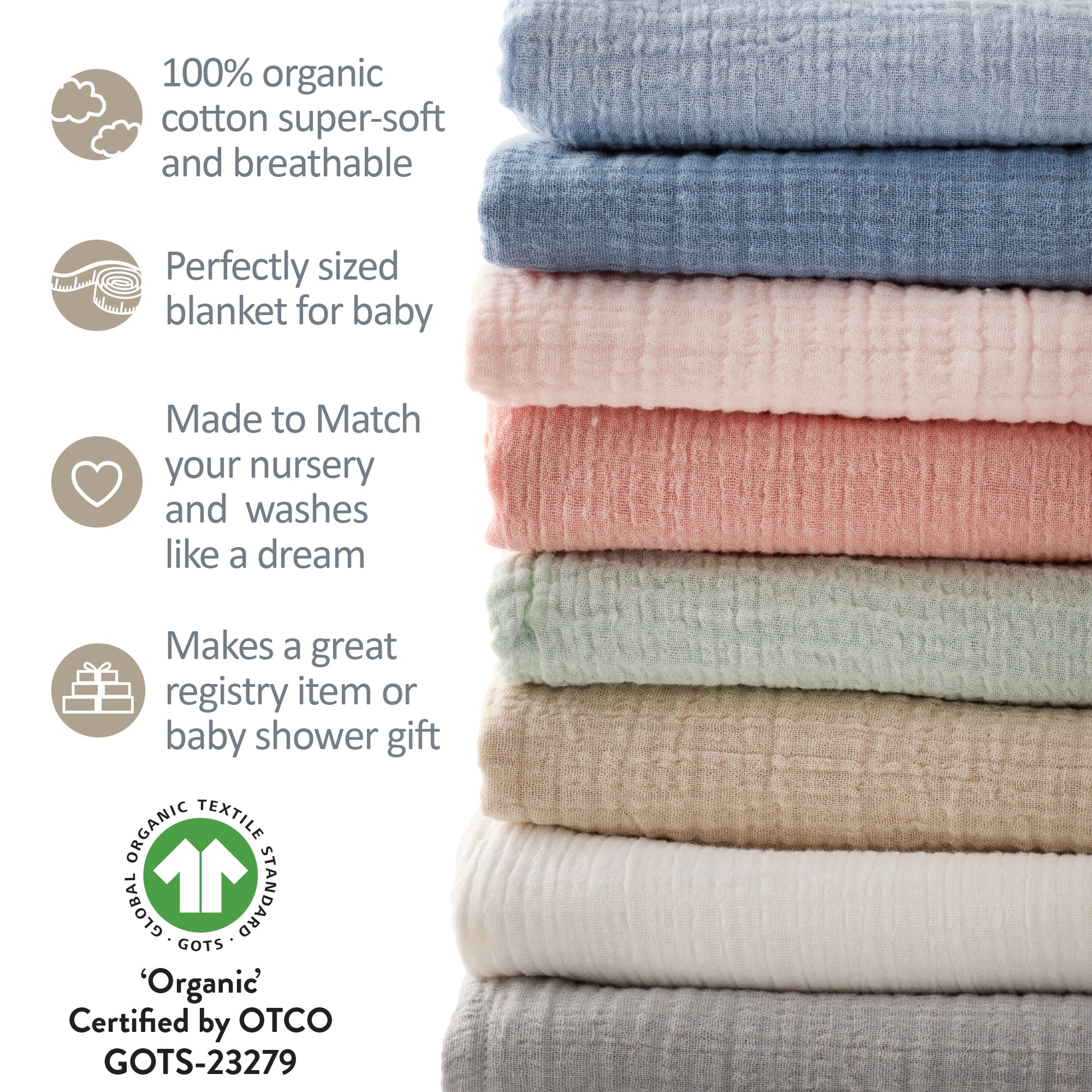 Stack of folded baby blankets in various colors with certification details on a white background