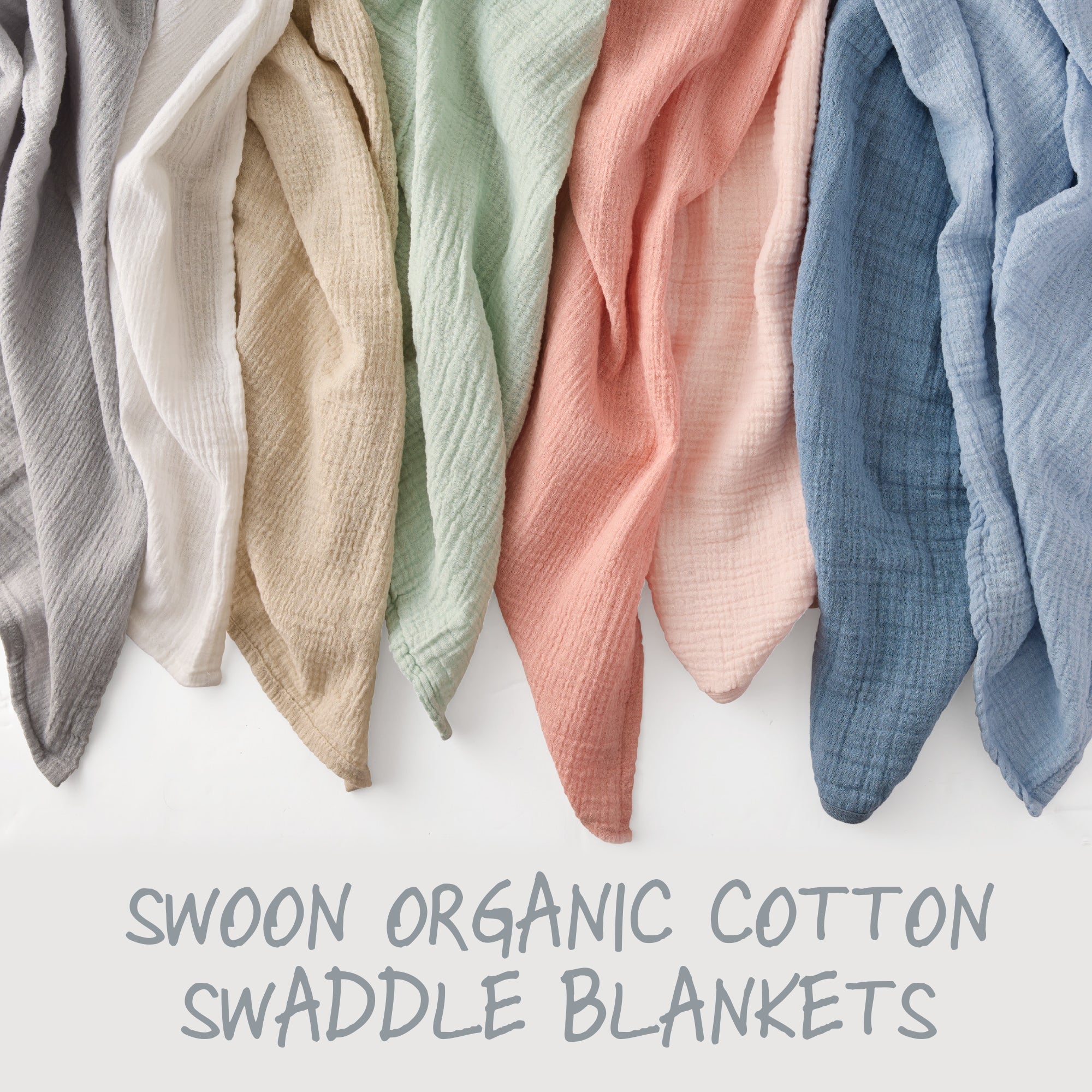 Collection of organic cotton swaddle blankets in various colors on a white background with 'Swoon Organic Cotton Swaddle Blankets' text.