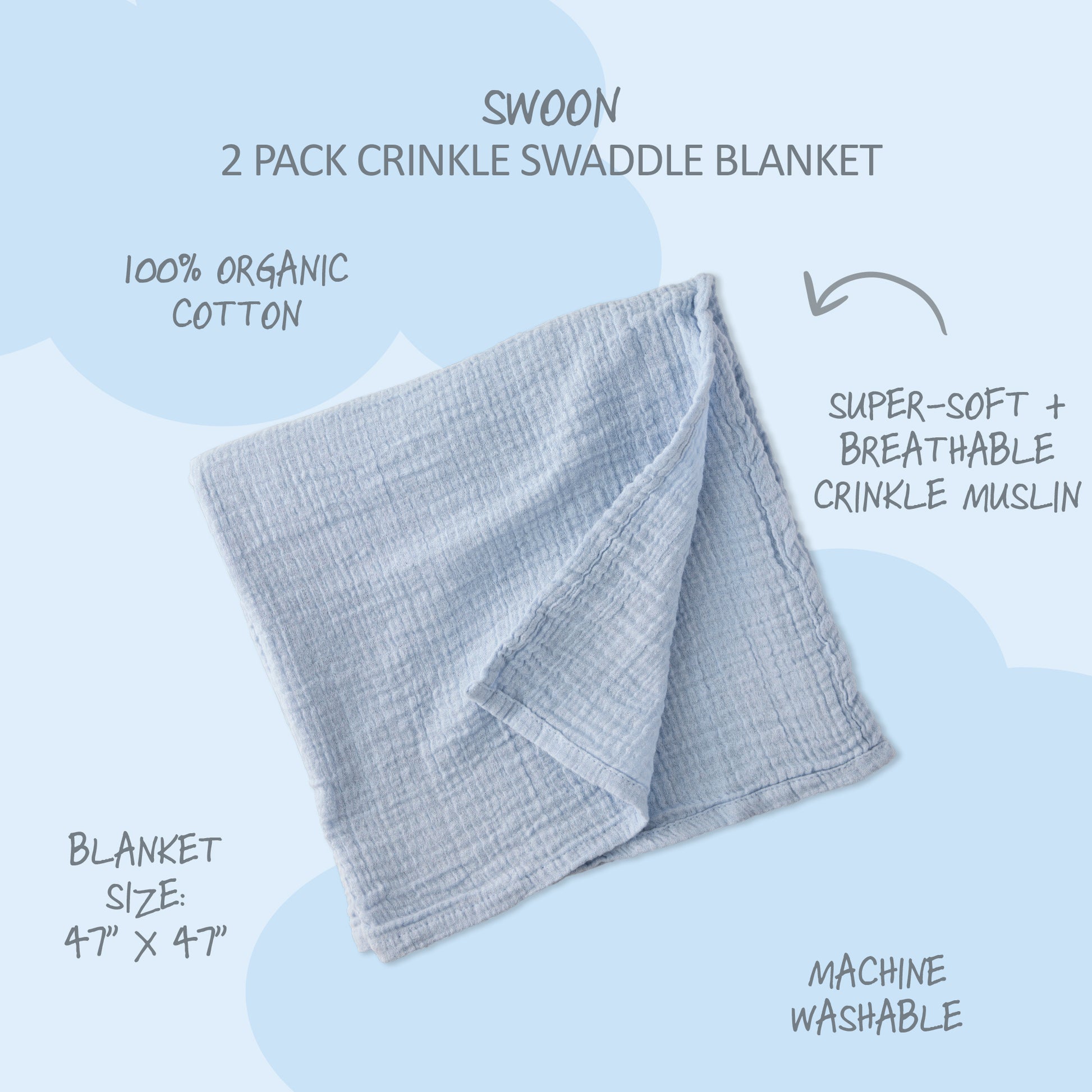 Gray crinkle swaddle blanket with product details on a light blue background