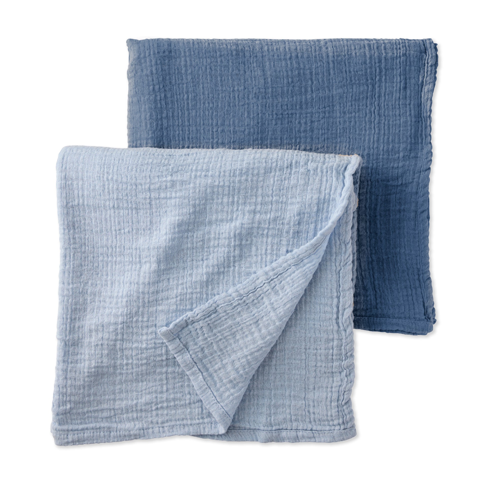 Two blue textured swaddle blankets on a white background