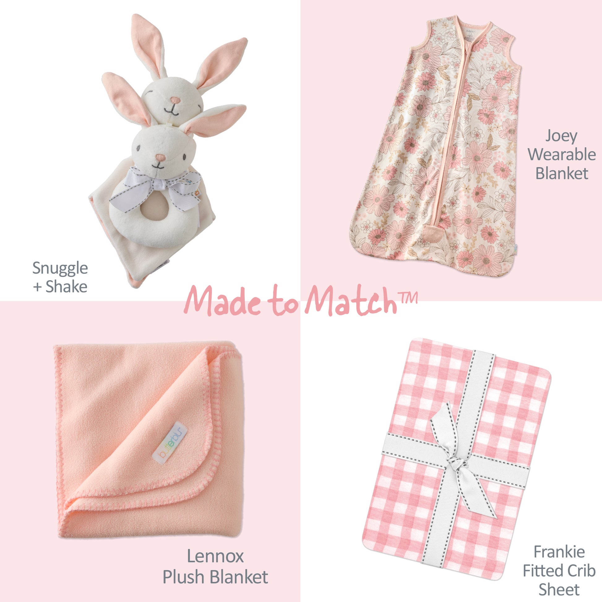 Collection of baby products including a bunny rattle, floral Joey wearable blanket, pink plush blanket, and gingham crib sheet on a pink background.