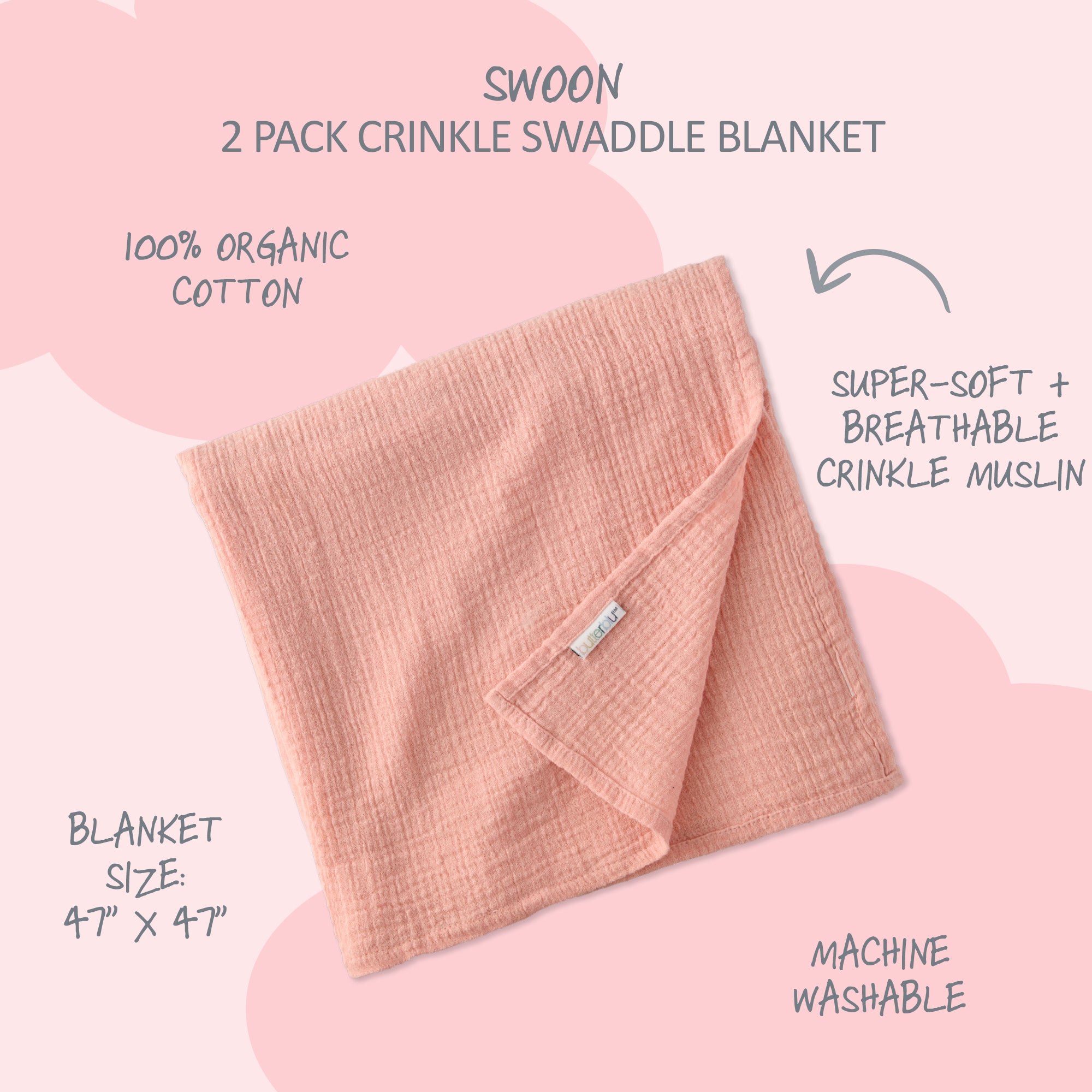 Pink crinkle swaddle blanket with product details on a pink background