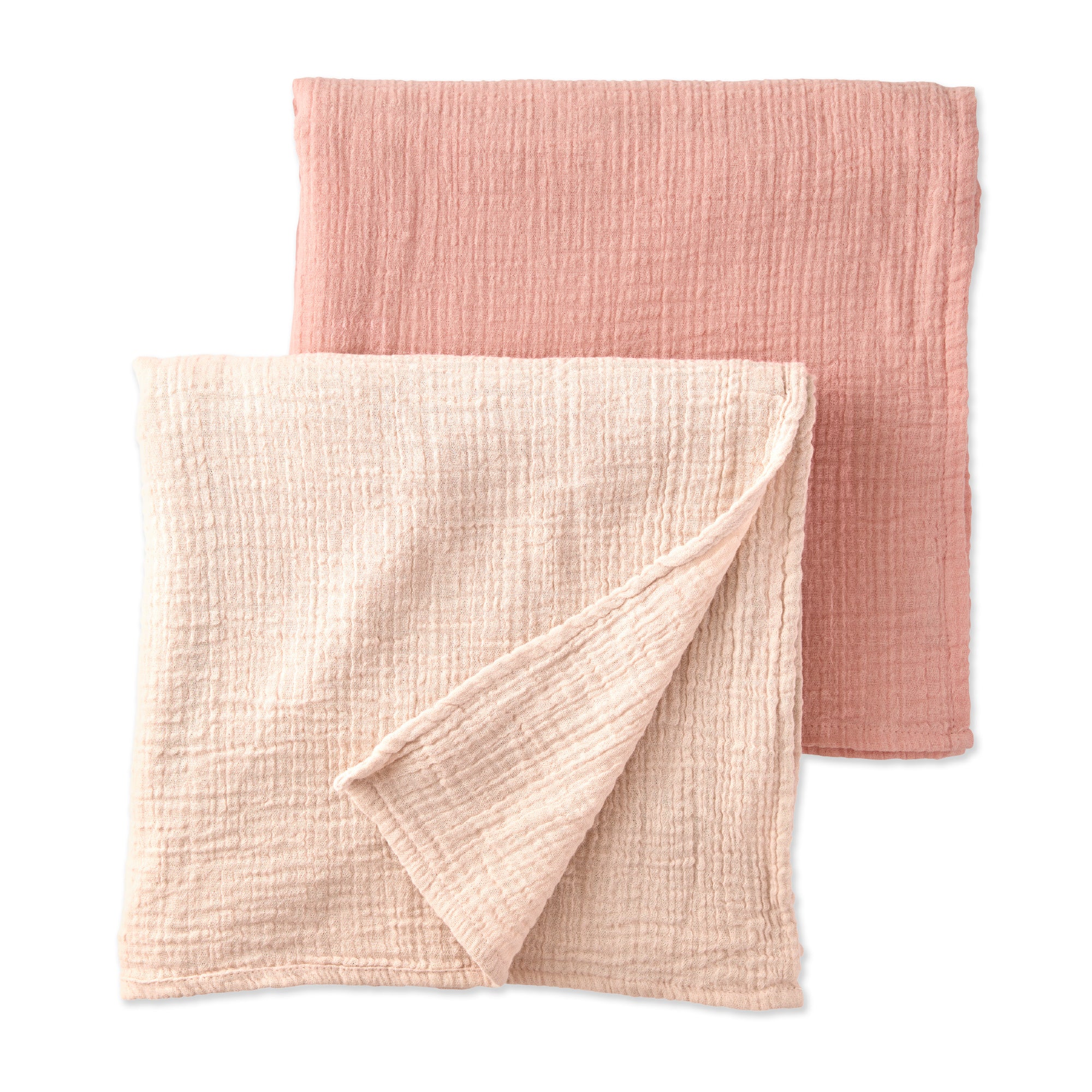Two pink textured swaddling blankets on a white background