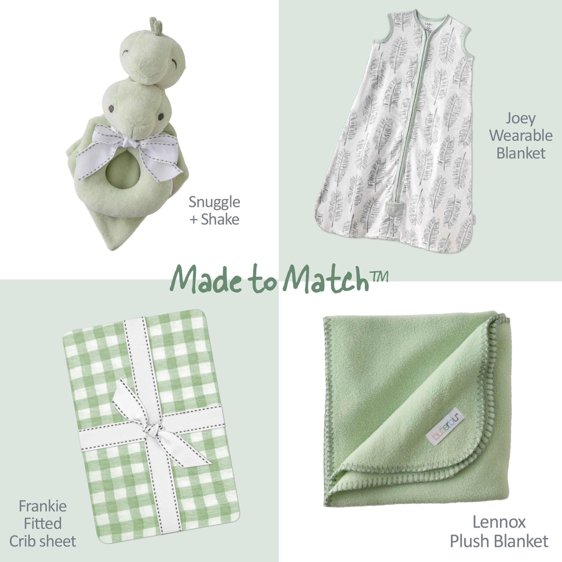 Collection of baby products including a stuffed toy, wearable blanket, crib sheet, and plush blanket on a light green background.