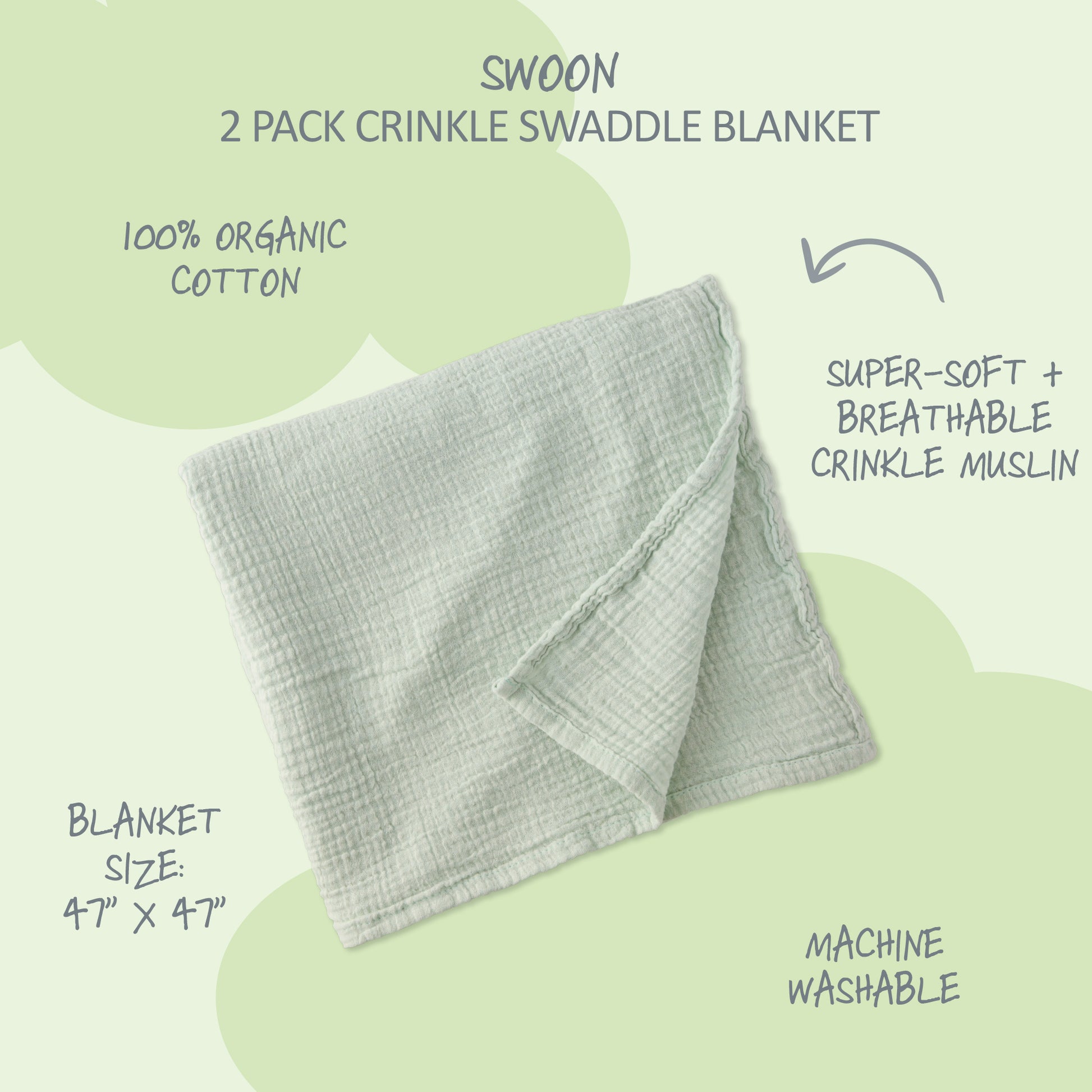 Gray crinkle swaddle blanket with product details on a light green background