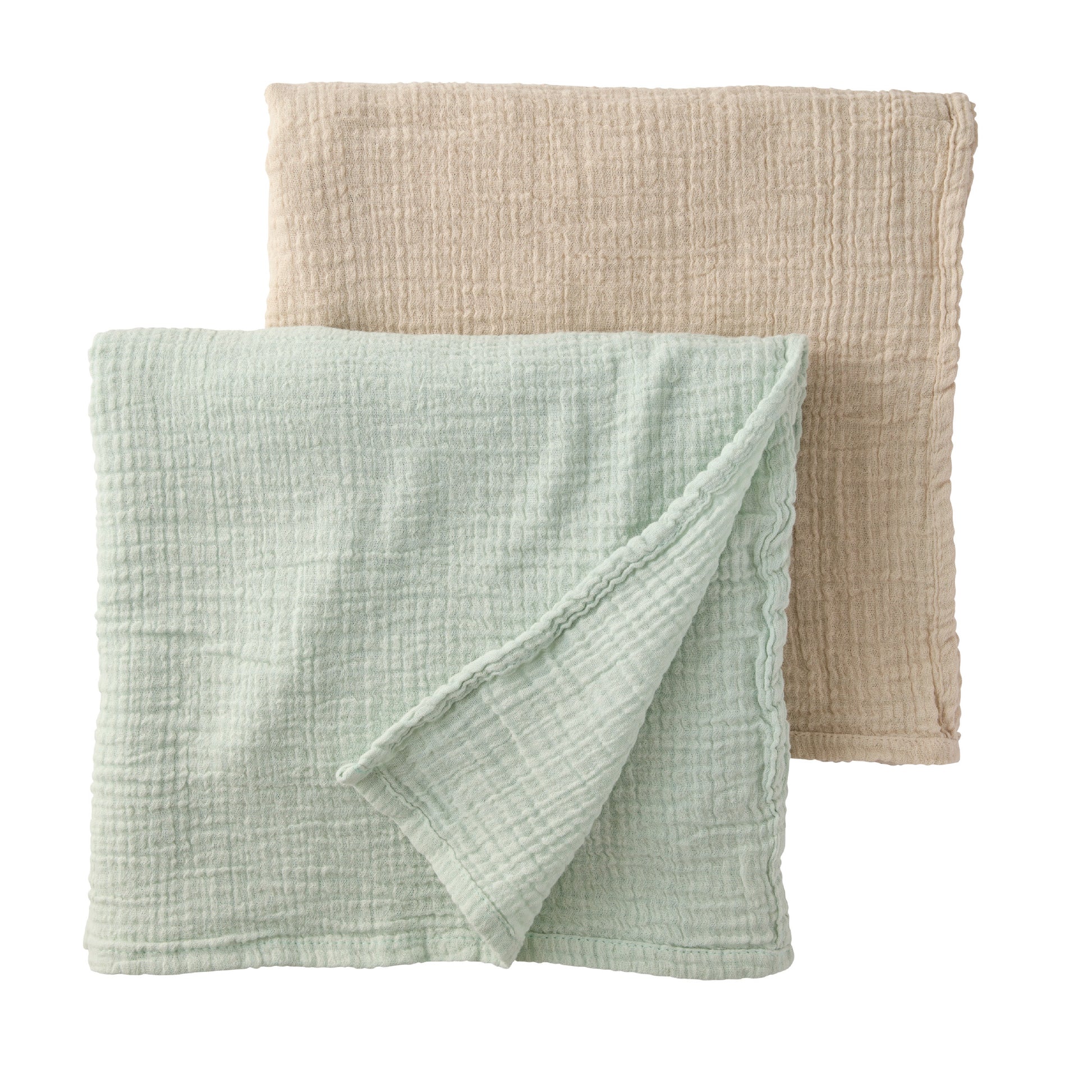 Two textured fabric swaddling blankets, one green and one beige, on a white background.