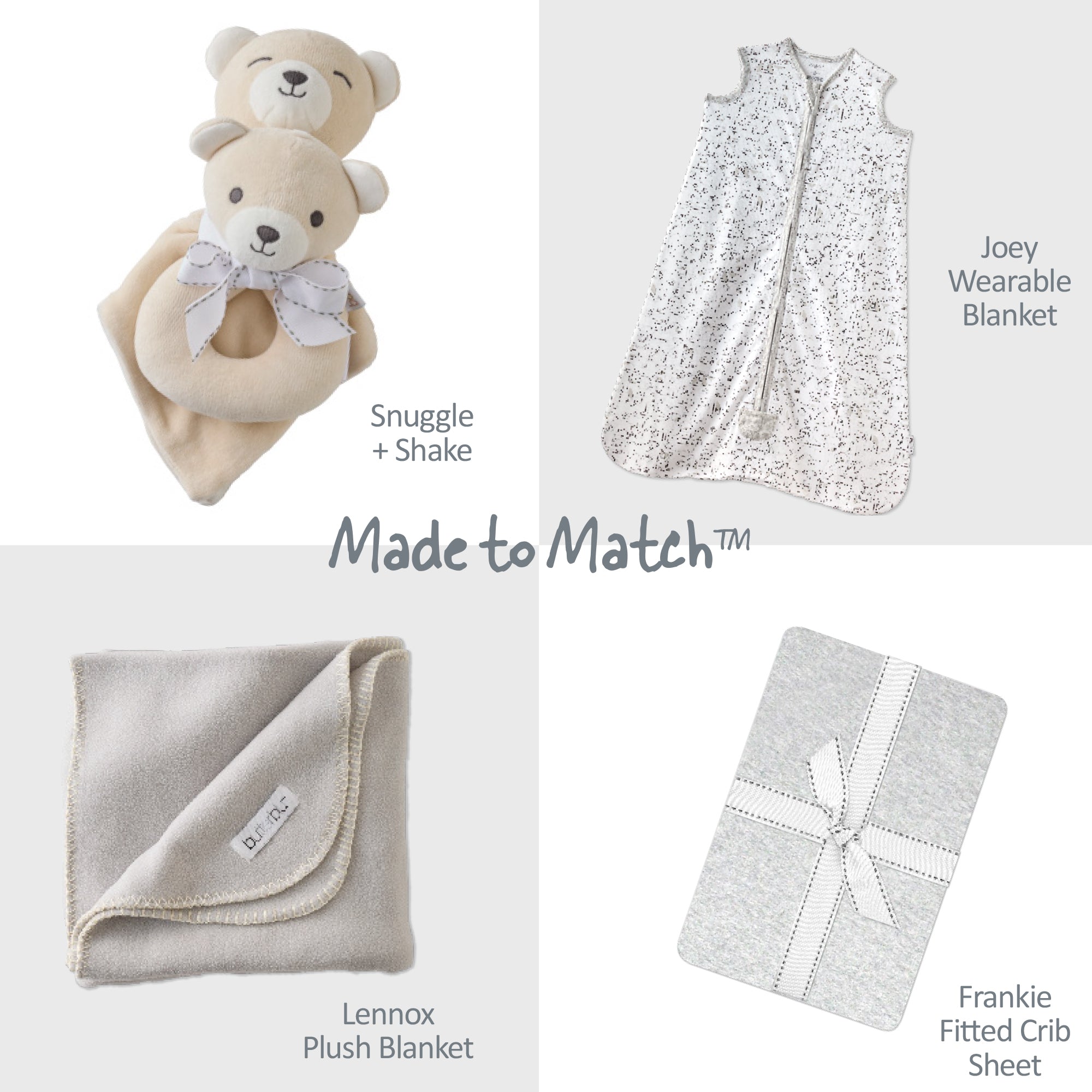 Collection of baby products including teddy bears, a wearable blanket, plush blanket, and crib sheet with text 'Made to Match'.