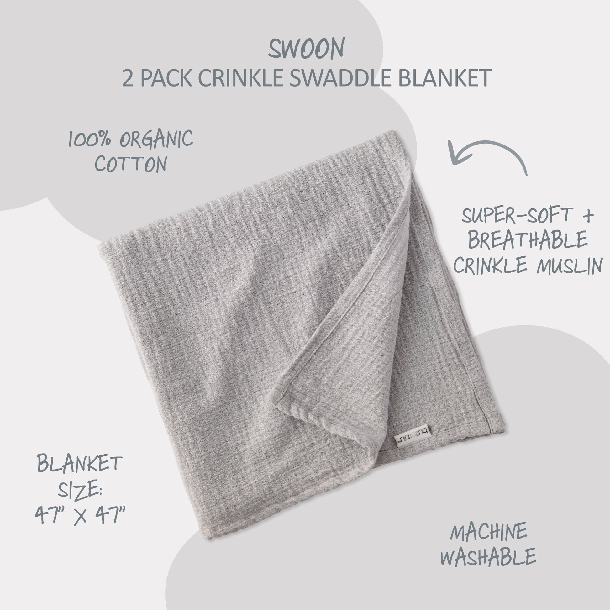 Gray crinkle swaddle blanket with product details on a white background