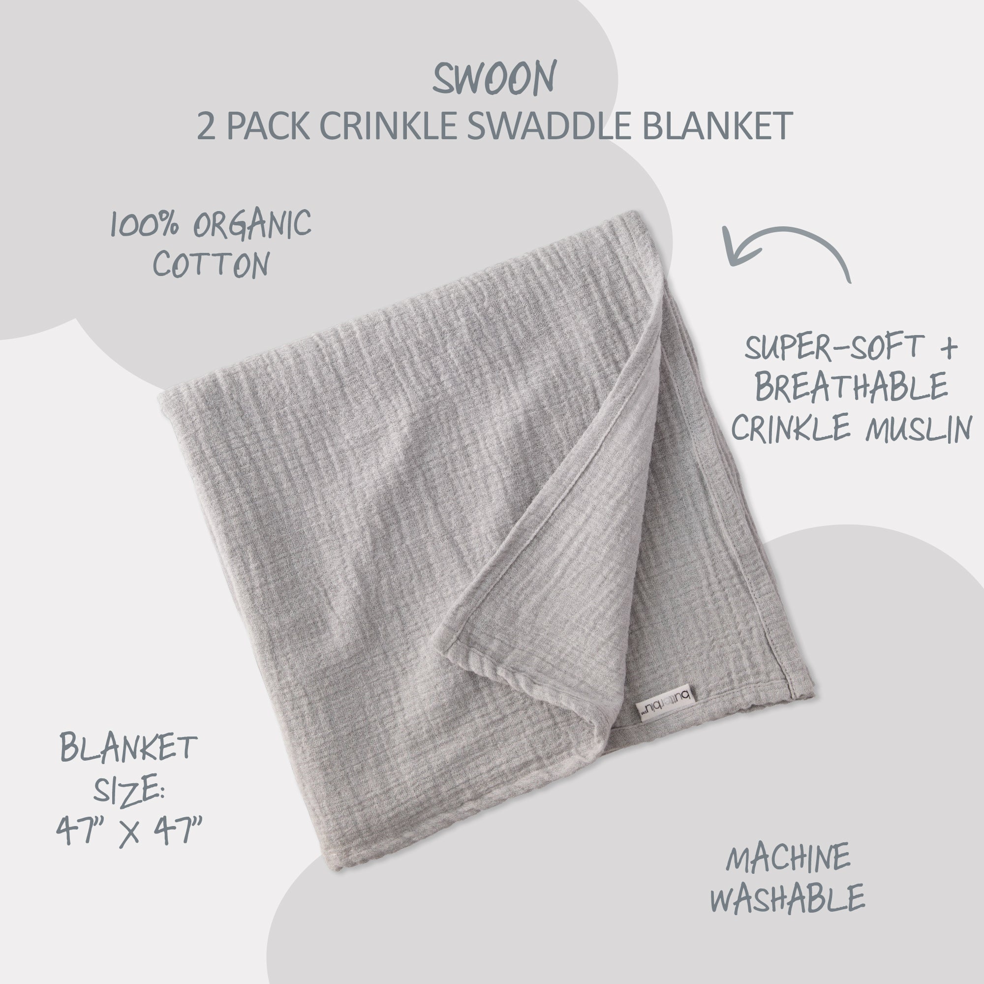 Gray crinkle swaddle blanket with product details on a white background