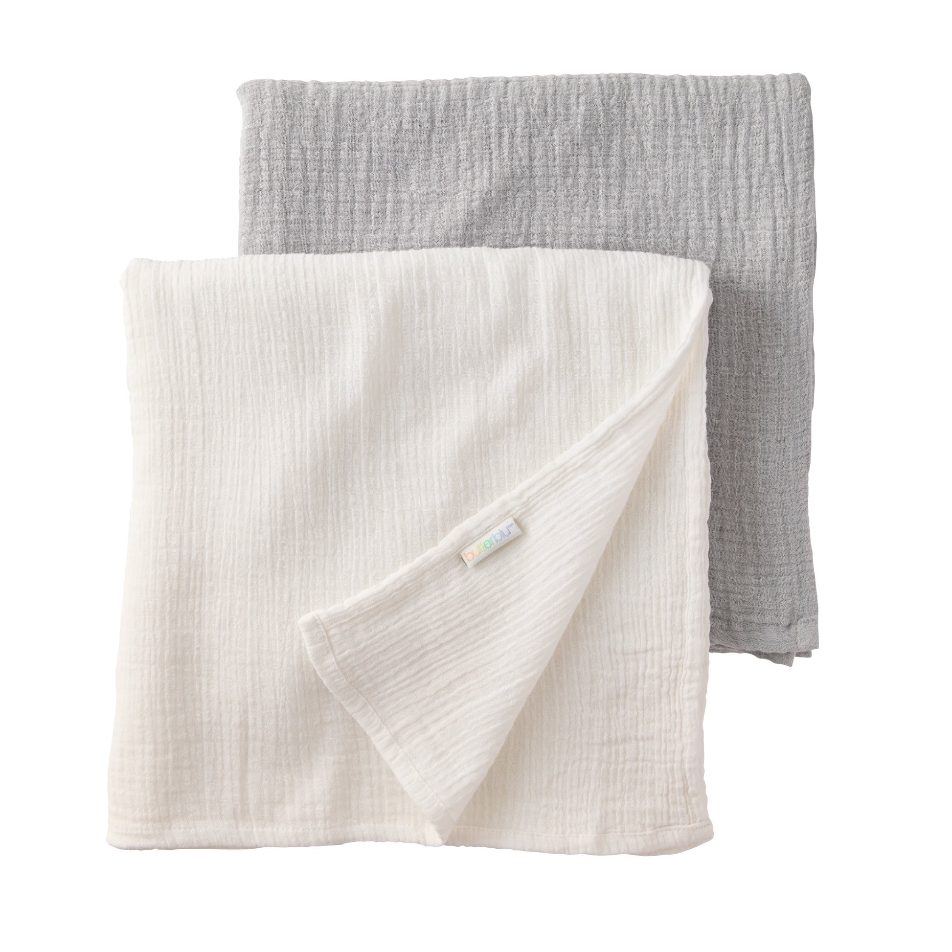 Two folded fabric swaddling blankets, one white and one gray, on a white background.